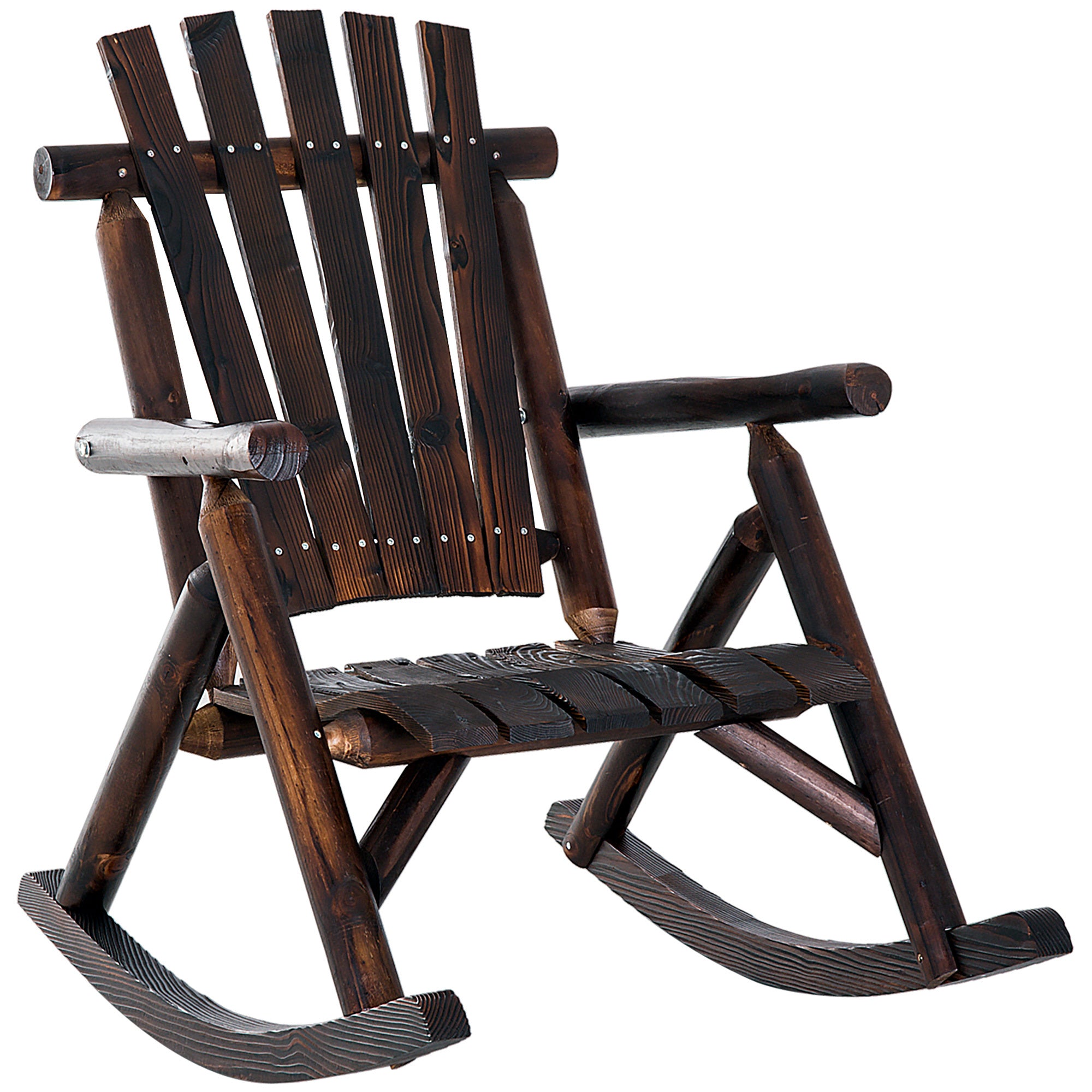 Outsunny Outdoor Wooden Rocking Chair, Rustic Adirondack Rocker With Slatted Seat, High Backrest, Armrests For Patio, Garden, And Porch, Large, Brown Brown Wood