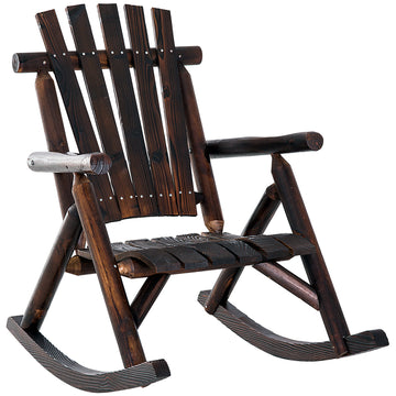 Outsunny Outdoor Wooden Rocking Chair, Rustic Adirondack Rocker With Slatted Seat, High Backrest, Armrests For Patio, Garden, And Porch, Large, Brown Brown Wood