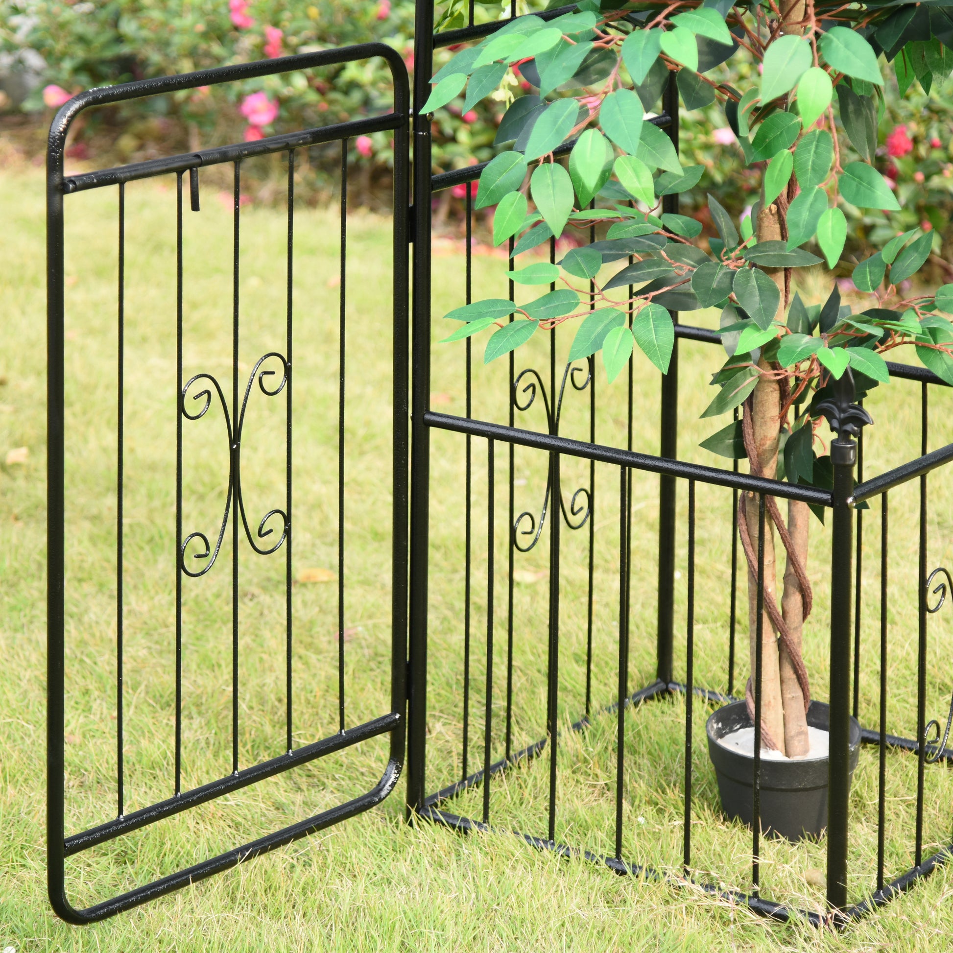 Outsunny 86" Garden Arbor Arch Gate With Trellis Sides For Climbing Plants, Wedding Ceremony Decorations, Grape Vines With Locking Doors, Planter Baskets, Flourishes & Arrow Tips, Black Black Metal