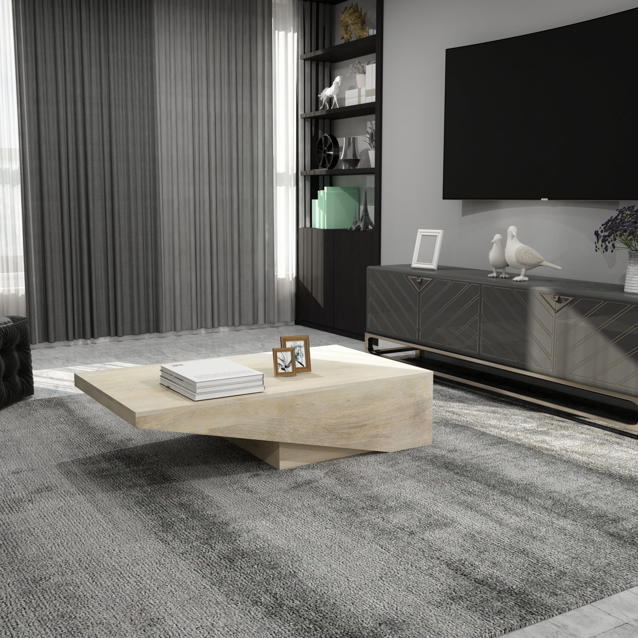 Modern White Washed Solid Wood Coffee Table White Washed White Primary Living Space Luxury Mango Polished Solid Wood Sled