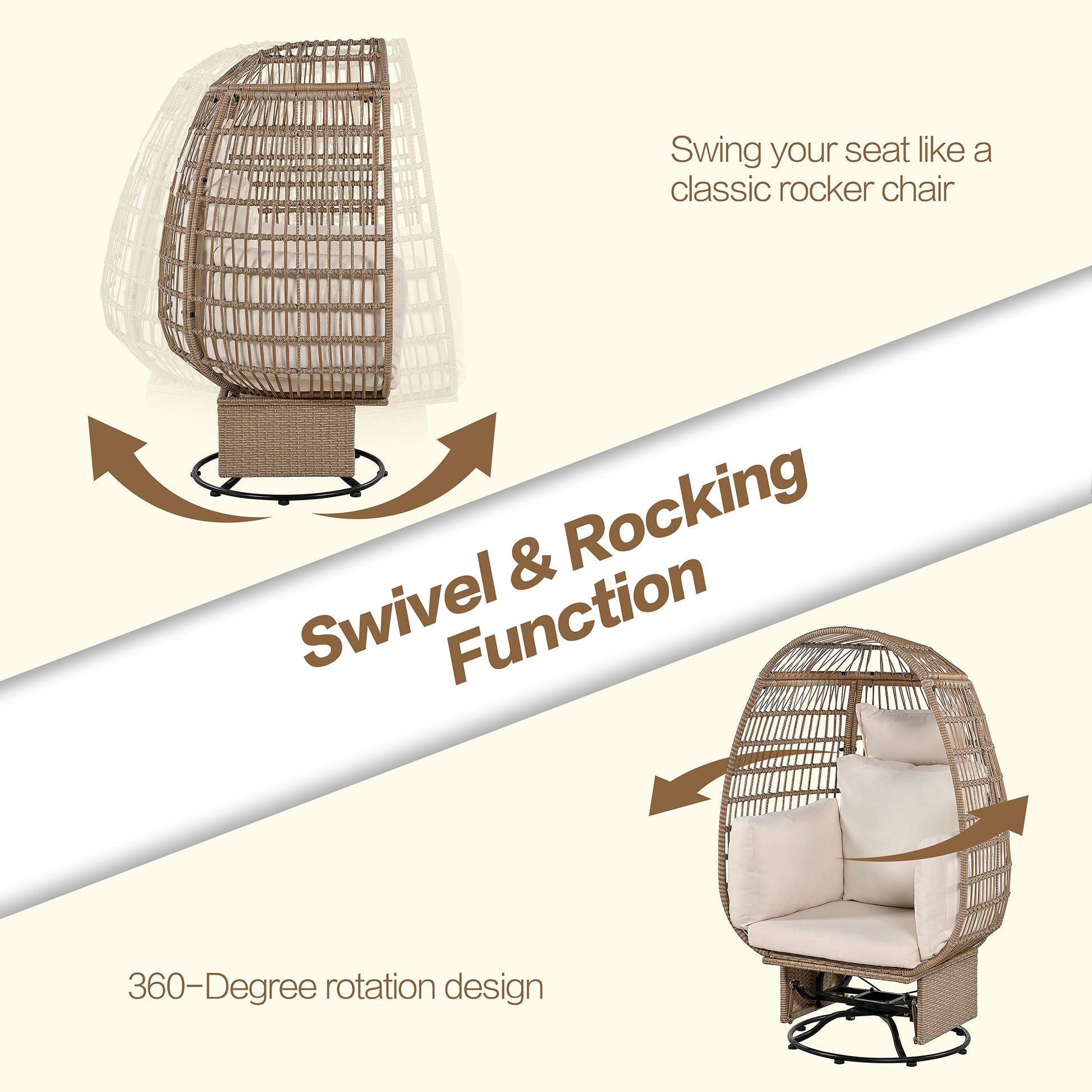 Outdoor Swivel Chair With Cushions, Rattan Egg Patio Chair With Rocking Function For Balcony, Poolside And Garden Natural Wicker Beige Cushion Natural Beige Wicker