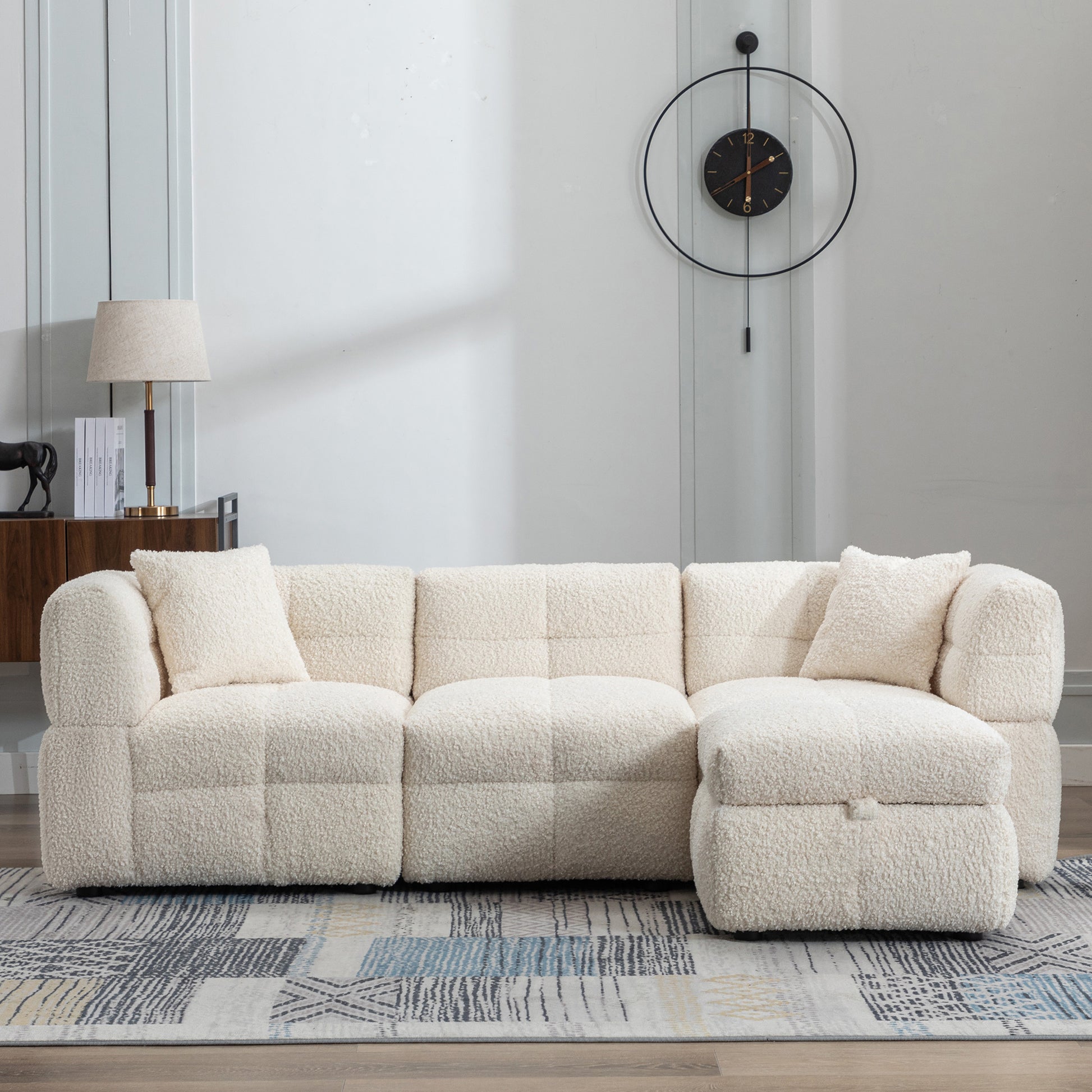 87.7" Sectional Sofa Cozy Teddy Fleece Fabric Sectional Sofa Couch With Two Usb Ports A Movable Storage Ottoman And Two Lumbar Pillows For Living Room, Creamy White Creamy White Foam Teddy