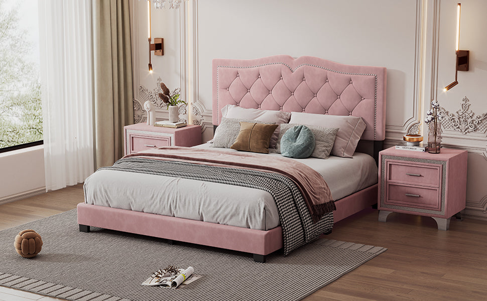 Queen Size Upholstered Bed Frame With Rivet Design, Modern Velvet Platform Bed With Tufted Headboard,Pink Pink Velvet