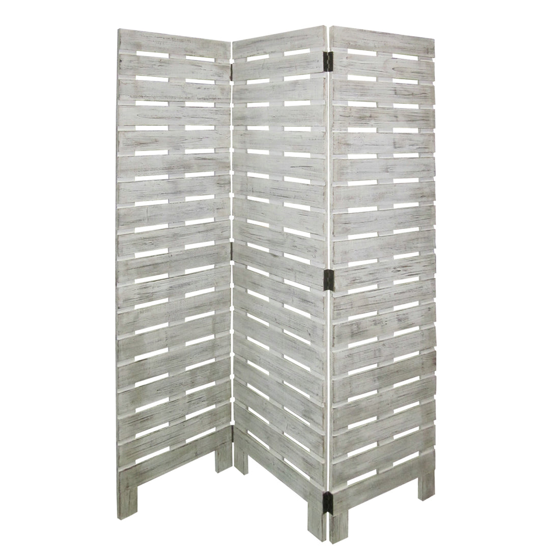 Textured 3 Panel Foldable Wooden Screen With Slats, Gray Gray Wood