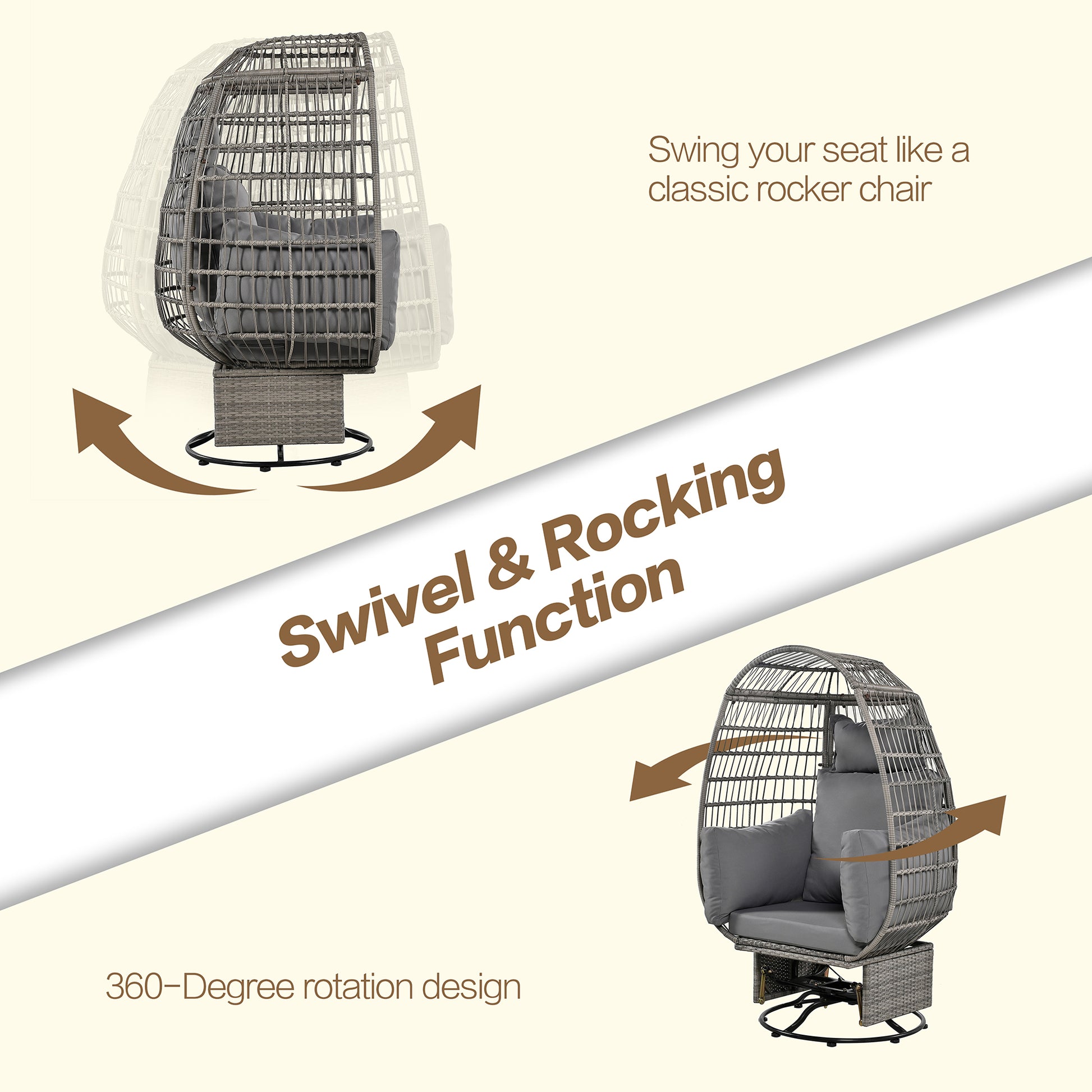 Outdoor Swivel Chair With Cushions, Rattan Egg Patio Chair With Rocking Function For Balcony, Poolside And Garden Grey Wicker Grey Cushion Grey Wicker