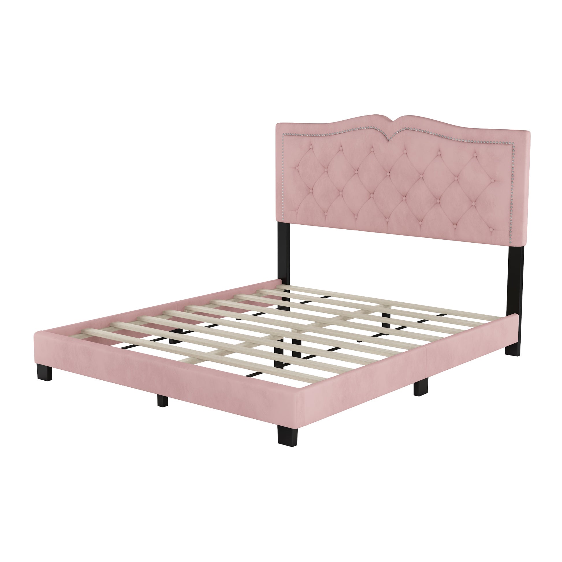 Queen Size Upholstered Bed Frame With Rivet Design, Modern Velvet Platform Bed With Tufted Headboard,Pink Pink Velvet