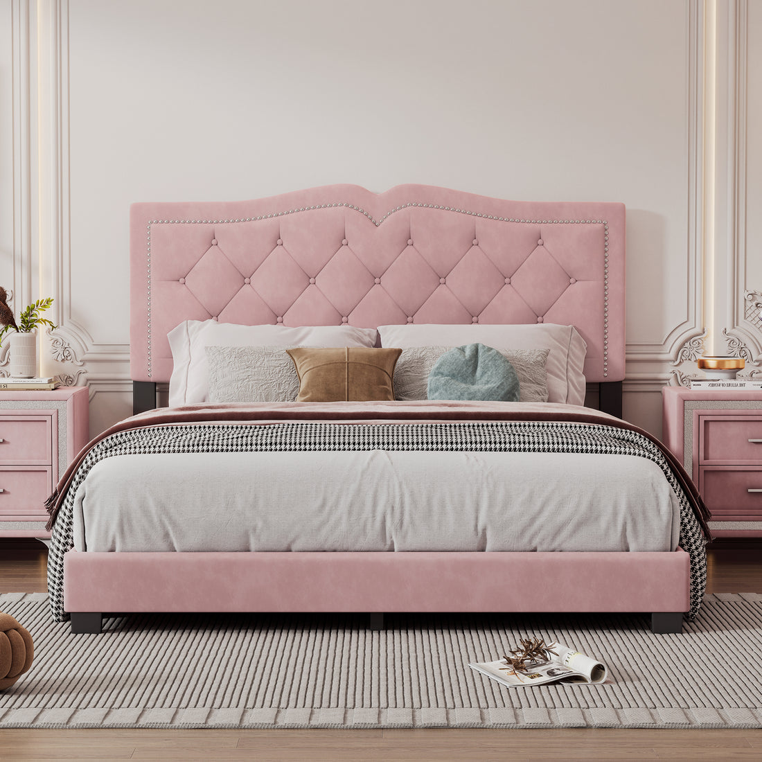 Queen Size Upholstered Bed Frame With Rivet Design, Modern Velvet Platform Bed With Tufted Headboard,Pink Pink Velvet