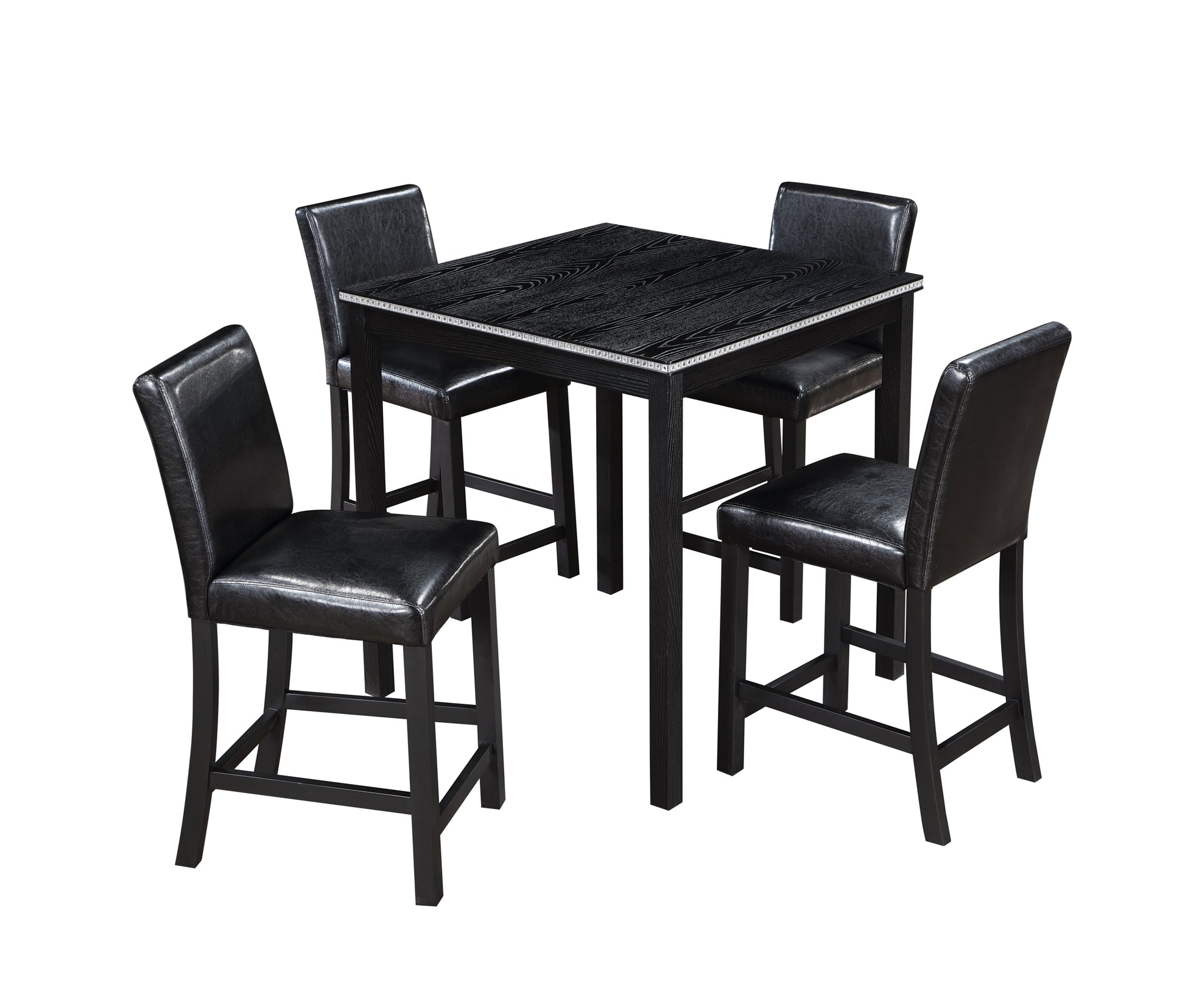 5 Piece Counter Height Table Set, Wooden Kitchen Table Set With Square Table And 4 Upholstered Chairs, Counter Height Dining Table With Crystal Decoration And Chair Set For Kitchen, Dining Room,Black Black Seats 4 Dining Room 4 Leg Square Dining Table