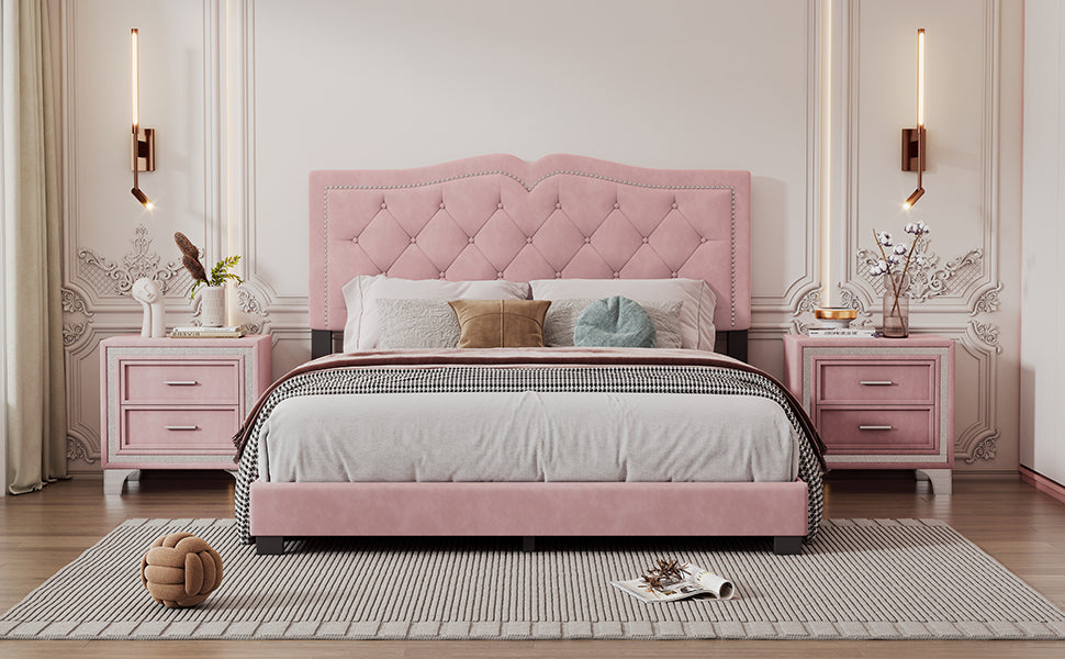 Queen Size Upholstered Bed Frame With Rivet Design, Modern Velvet Platform Bed With Tufted Headboard,Pink Pink Velvet