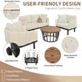 Luxury Modern 4 Piece Outdoor Iron Frame Conversation Set, Patio Chat Set With Acacia Wood Round Coffee Table For Backyard, Deck, Poolside, Indoor Use, Loveseat Arm Chairs, Beige Yes Sectional Beige Weather Resistant Frame Water Resistant Cushion Garden