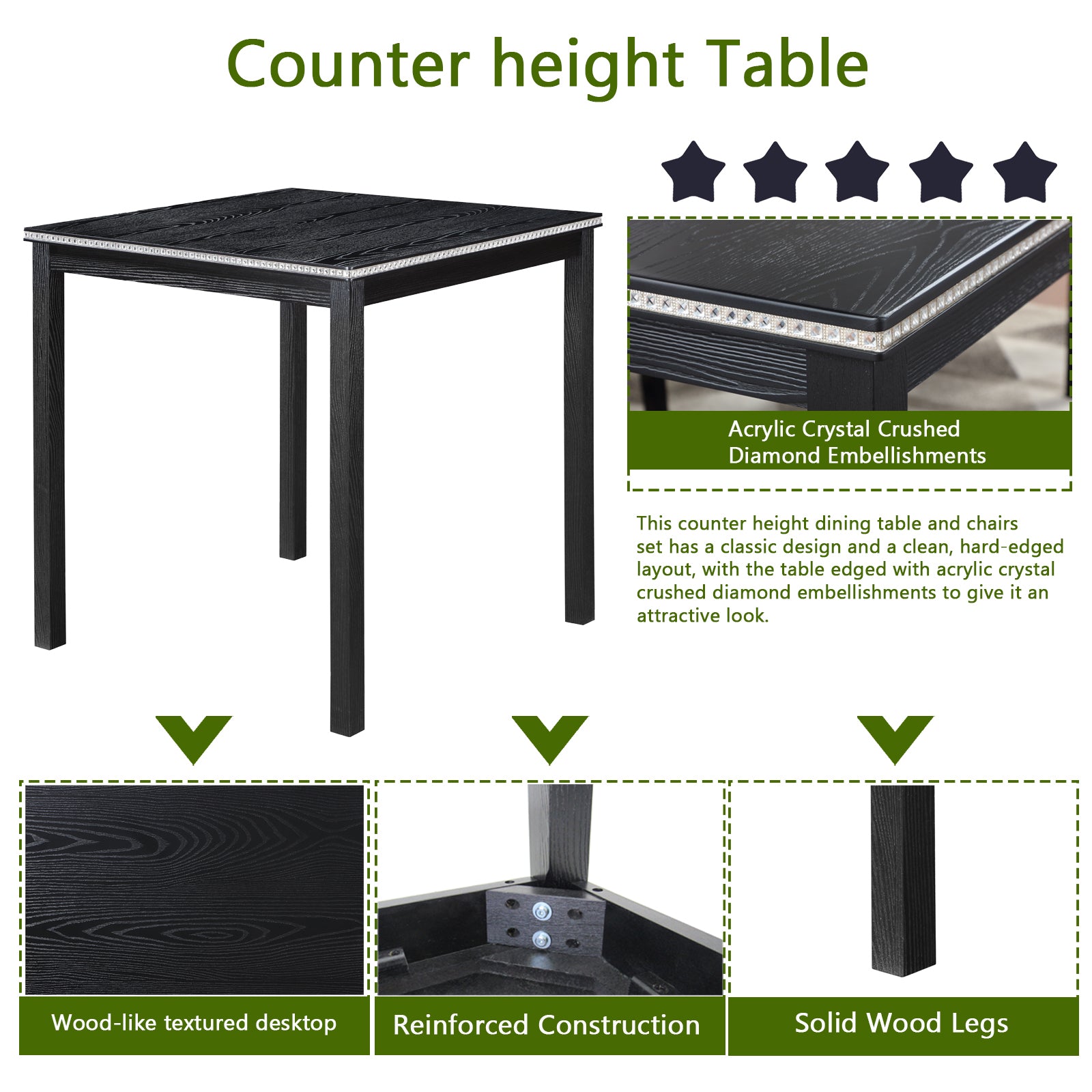 5 Piece Counter Height Table Set, Wooden Kitchen Table Set With Square Table And 4 Upholstered Chairs, Counter Height Dining Table With Crystal Decoration And Chair Set For Kitchen, Dining Room,Black Black Seats 4 Dining Room 4 Leg Square Dining Table