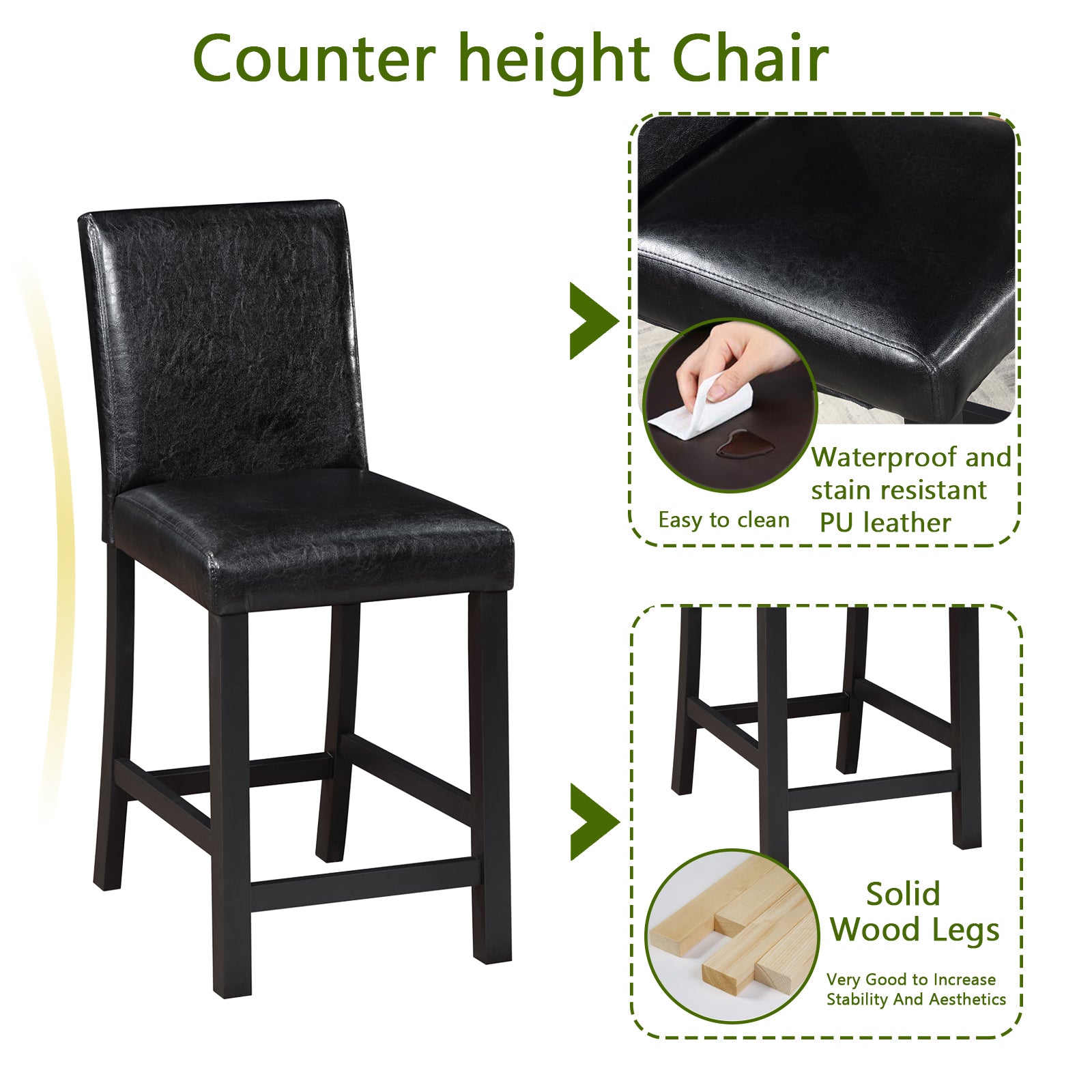 5 Piece Counter Height Table Set, Wooden Kitchen Table Set With Square Table And 4 Upholstered Chairs, Counter Height Dining Table With Crystal Decoration And Chair Set For Kitchen, Dining Room,Black Black Seats 4 Dining Room 4 Leg Square Dining Table