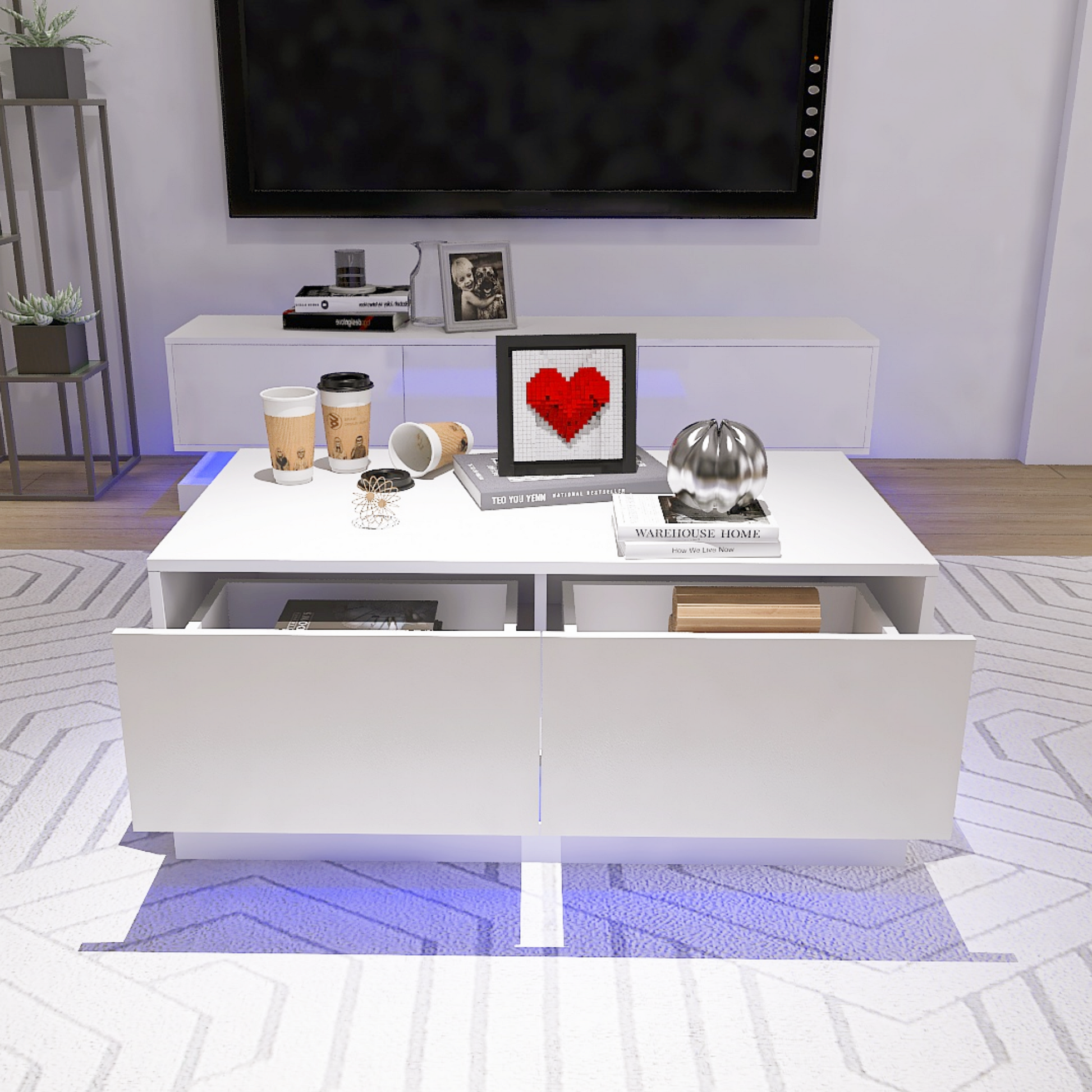 High Glossy Coffee Table With 2 Drawers Have Rgb Led Light With Buletooth Control White White Primary Living Space Rosewood Square Drawers Coffee & End Tables Lacquered Particle Board
