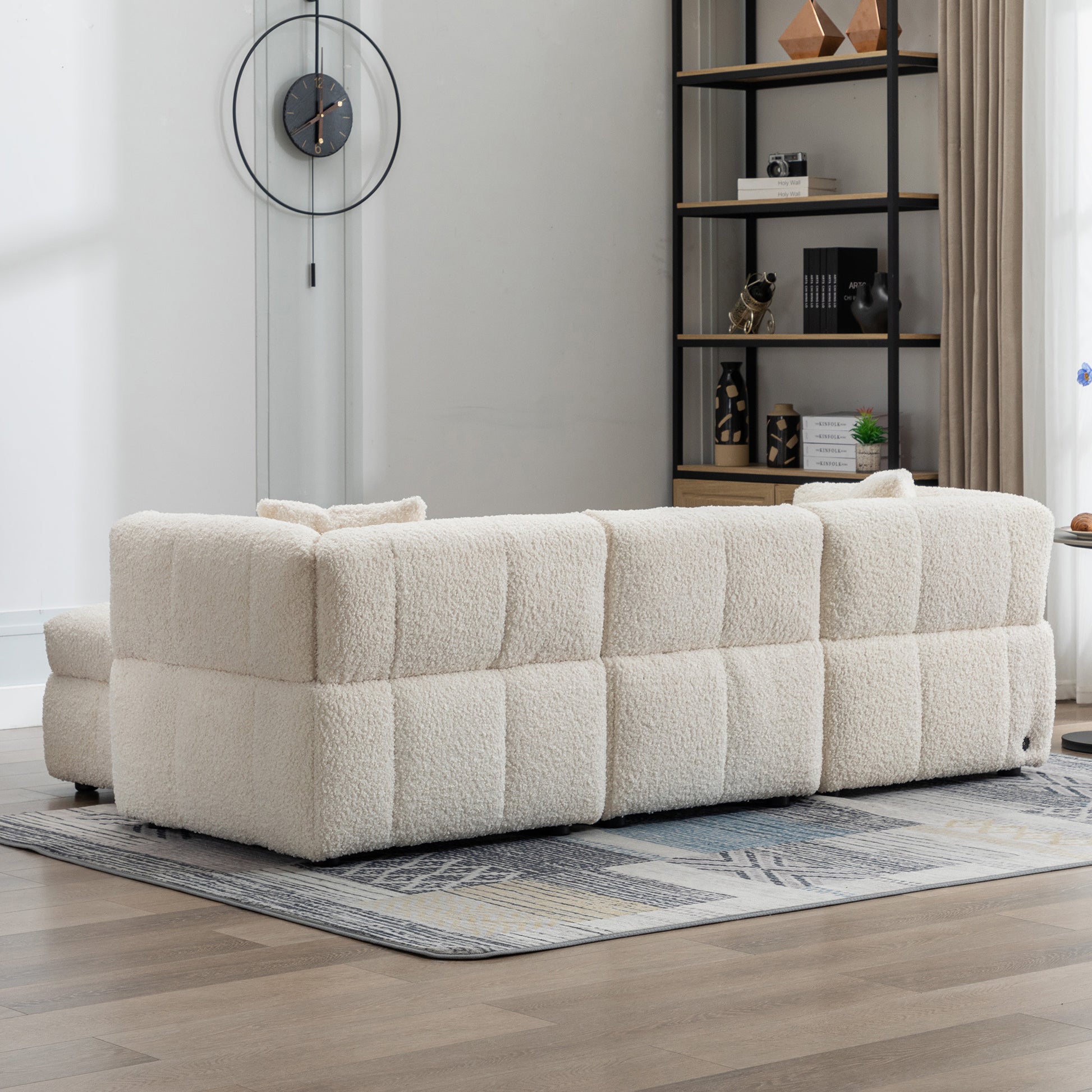 87.7" Sectional Sofa Cozy Teddy Fleece Fabric Sectional Sofa Couch With Two Usb Ports A Movable Storage Ottoman And Two Lumbar Pillows For Living Room, Creamy White Creamy White Foam Teddy