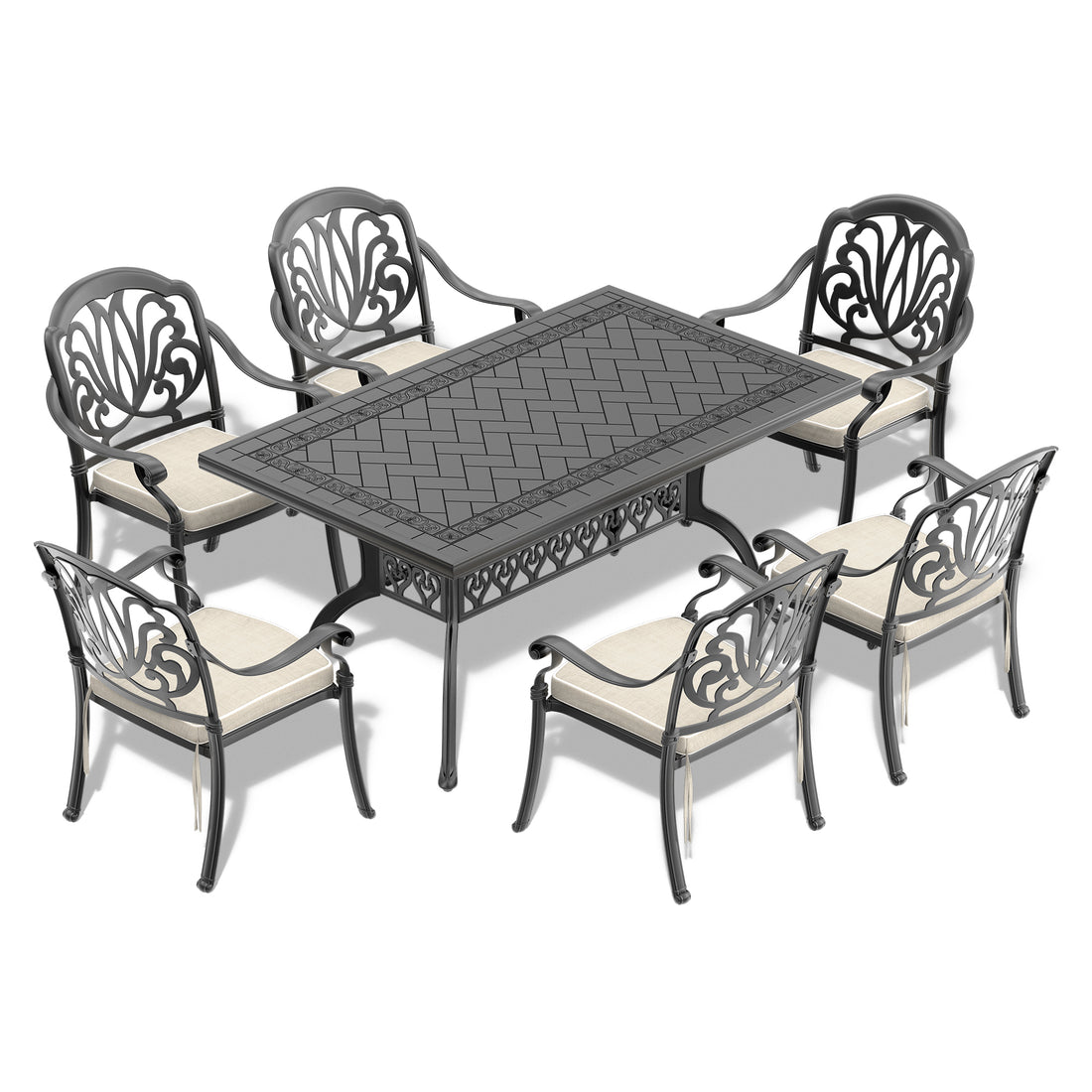 Cushions In Random Colors 7 Piece Set Of Cast Aluminum Patio Furniture With Cushions Yes Dining Set Black Seats 6 Rust Resistant Frame Water Resistant Cushion Garden & Outdoor Complete Patio Sets Aluminium