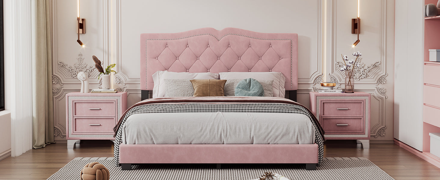 Queen Size Upholstered Bed Frame With Rivet Design, Modern Velvet Platform Bed With Tufted Headboard,Pink Pink Velvet