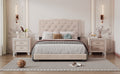 Full Size Upholstered Bed Frame With Rivet Design, Modern Velvet Platform Bed With Tufted Headboard,Beige Beige Velvet