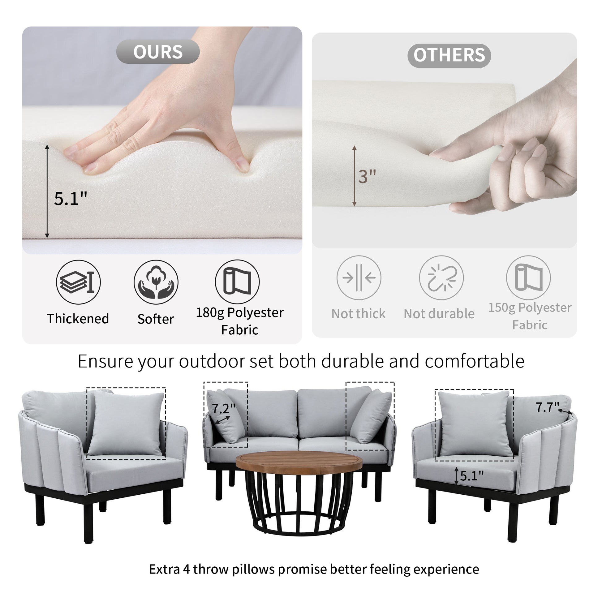 Luxury Modern 4 Piece Outdoor Iron Frame Conversation Set, Patio Chat Set With Acacia Wood Round Coffee Table For Backyard, Deck, Poolside, Indoor Use, Loveseat Arm Chairs, Gray Yes Sectional Gray Weather Resistant Frame Water Resistant Cushion Garden &