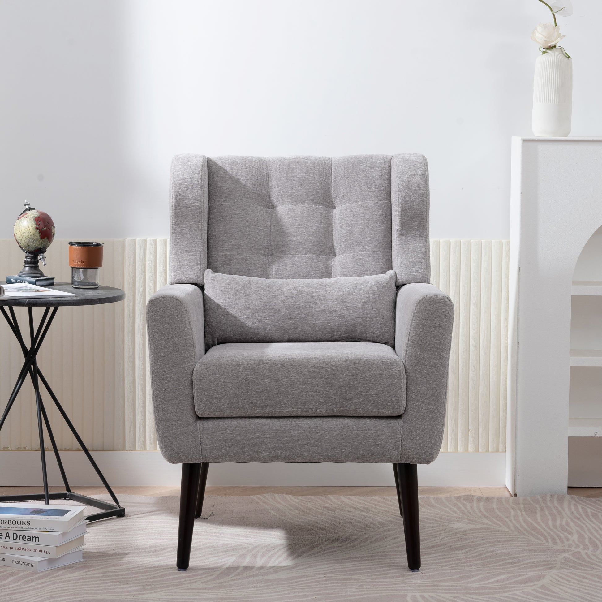 Modern Accent Chair,Chenille Arm Chairs For Living Room,Upholstered Mordern Armchair,Comfy Soft Padded Lounge Chair In Small Space, Bedroom, W Pillow, Solid Wood Leg Gray Grey Light Brown Primary Living Space Modern Rubberwood Foam Chenille