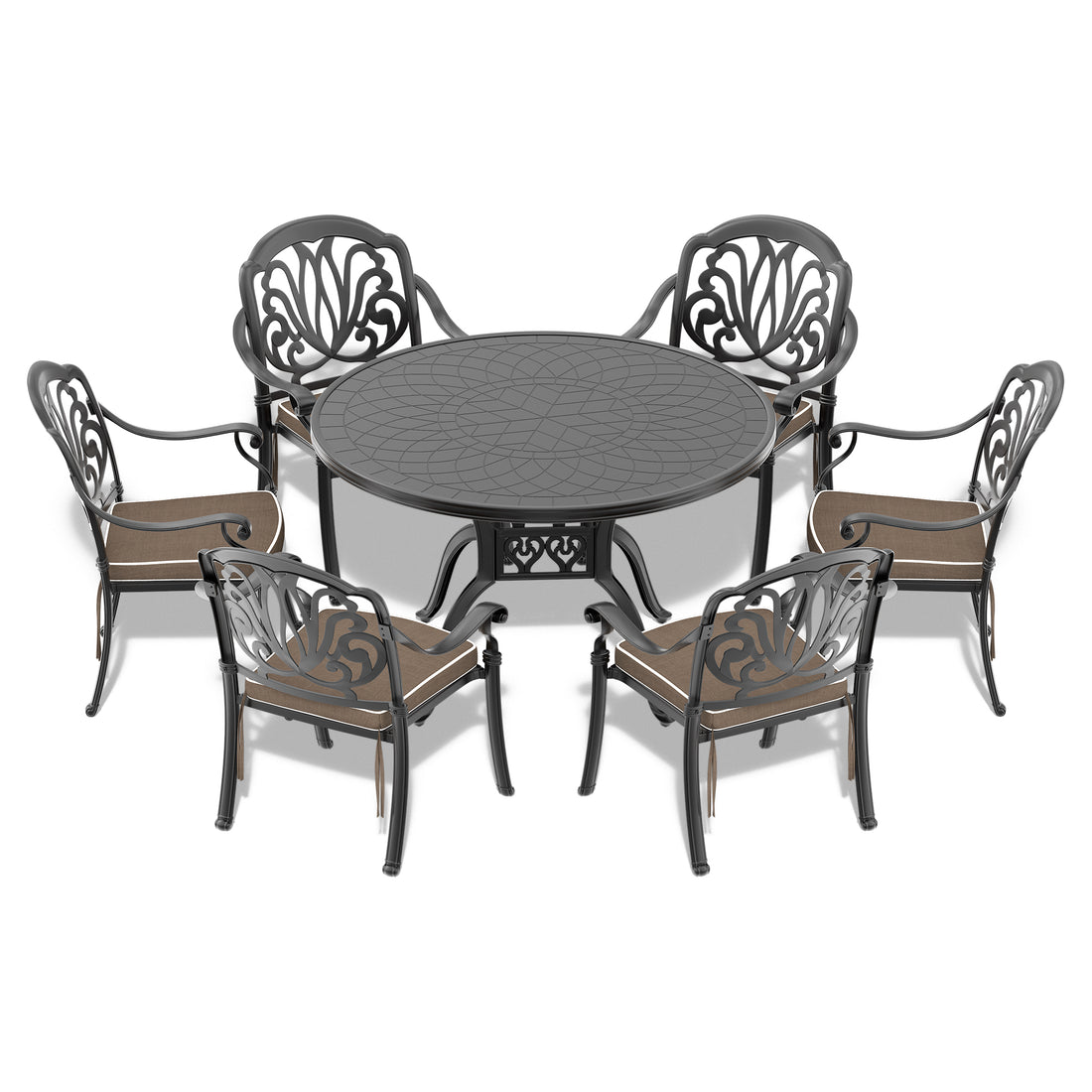 Cushions In Random Colors 7 Piece Set Of Cast Aluminum Patio Furniture With Cushions Yes Dining Set Black Seats 6 Rust Resistant Frame Water Resistant Cushion Garden & Outdoor Complete Patio Sets Aluminium