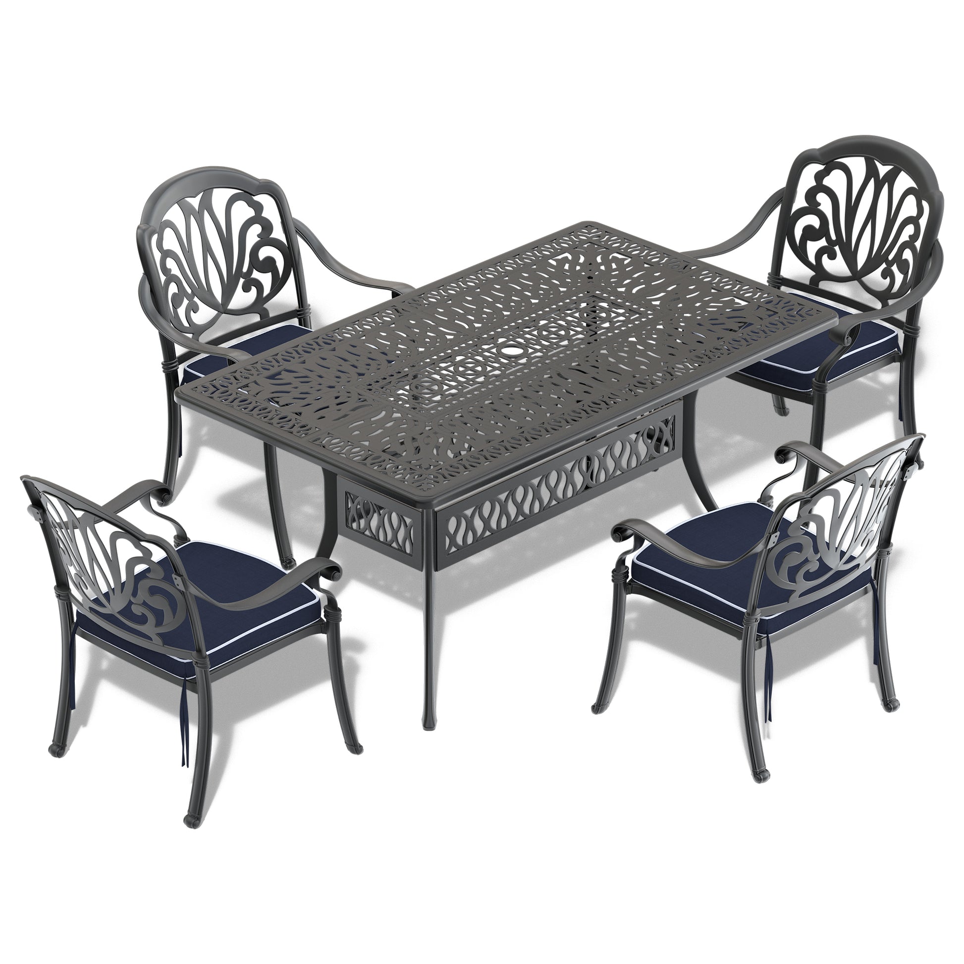 Cushions In Random Colors 5 Piece Set Of Cast Aluminum Patio Furniture With Cushions Yes Dining Set Black Seats 4 Rust Resistant Frame Water Resistant Cushion Garden & Outdoor Complete Patio Sets Aluminium
