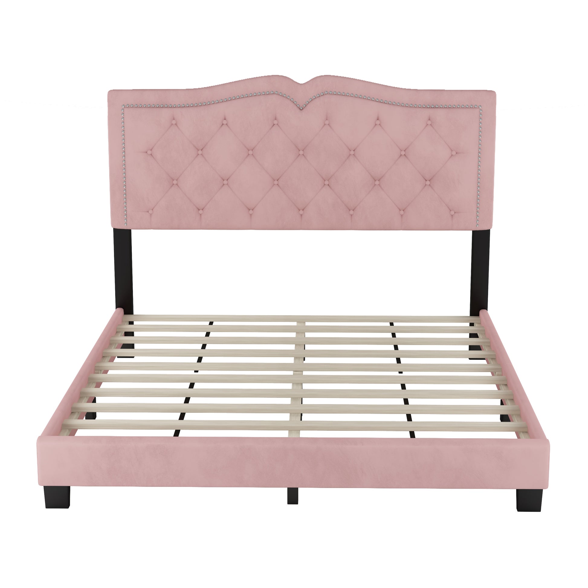 Queen Size Upholstered Bed Frame With Rivet Design, Modern Velvet Platform Bed With Tufted Headboard,Pink Pink Velvet