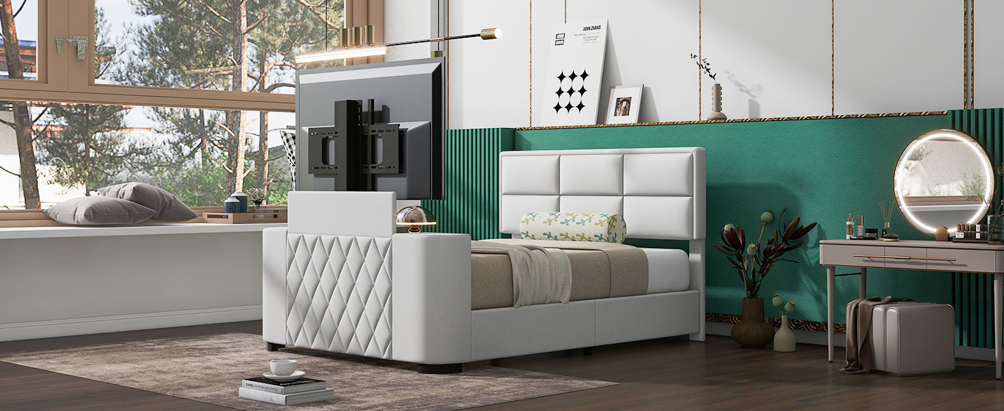 Queen Size Upholstery Tv Platform Bed Frame With Height Adjustable Headboard And Support Legs,Beige Queen Beige Upholstered