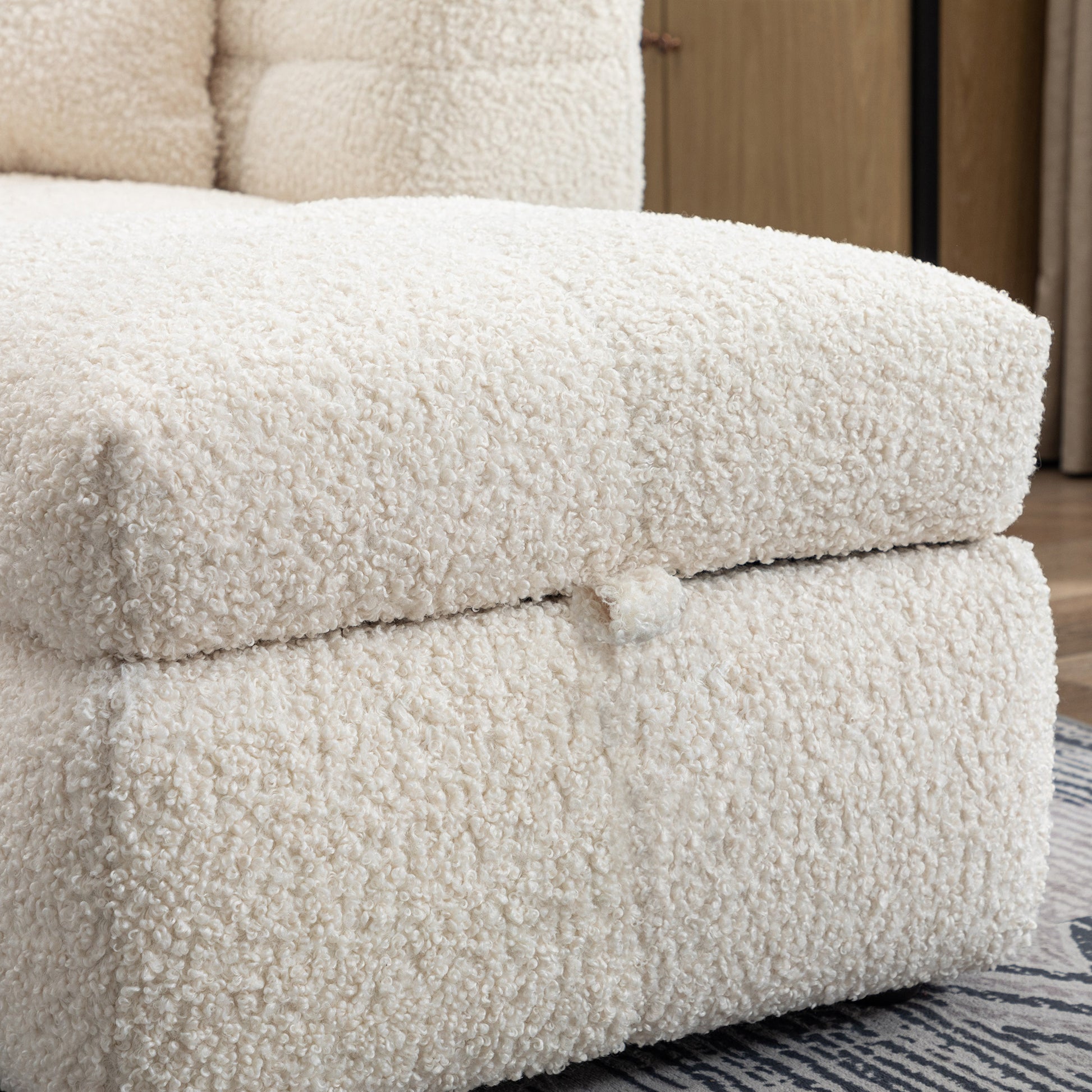 87.7" Sectional Sofa Cozy Teddy Fleece Fabric Sectional Sofa Couch With Two Usb Ports A Movable Storage Ottoman And Two Lumbar Pillows For Living Room, Creamy White Creamy White Foam Teddy