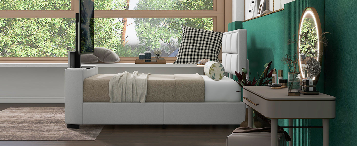 Queen Size Upholstery Tv Platform Bed Frame With Height Adjustable Headboard And Support Legs,Beige Queen Beige Upholstered