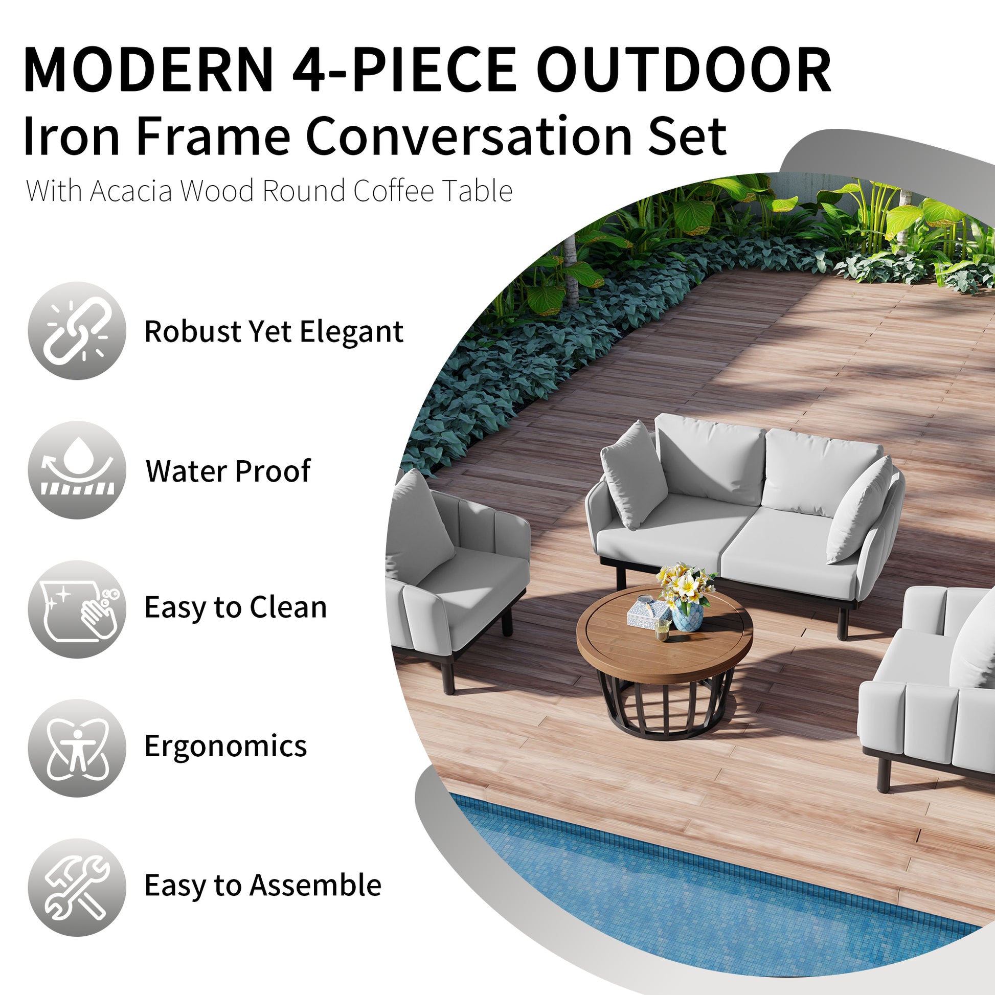 Luxury Modern 4 Piece Outdoor Iron Frame Conversation Set, Patio Chat Set With Acacia Wood Round Coffee Table For Backyard, Deck, Poolside, Indoor Use, Loveseat Arm Chairs, Gray Yes Sectional Gray Weather Resistant Frame Water Resistant Cushion Garden &
