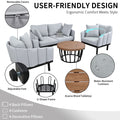 Luxury Modern 4 Piece Outdoor Iron Frame Conversation Set, Patio Chat Set With Acacia Wood Round Coffee Table For Backyard, Deck, Poolside, Indoor Use, Loveseat Arm Chairs, Gray Yes Sectional Gray Weather Resistant Frame Water Resistant Cushion Garden &