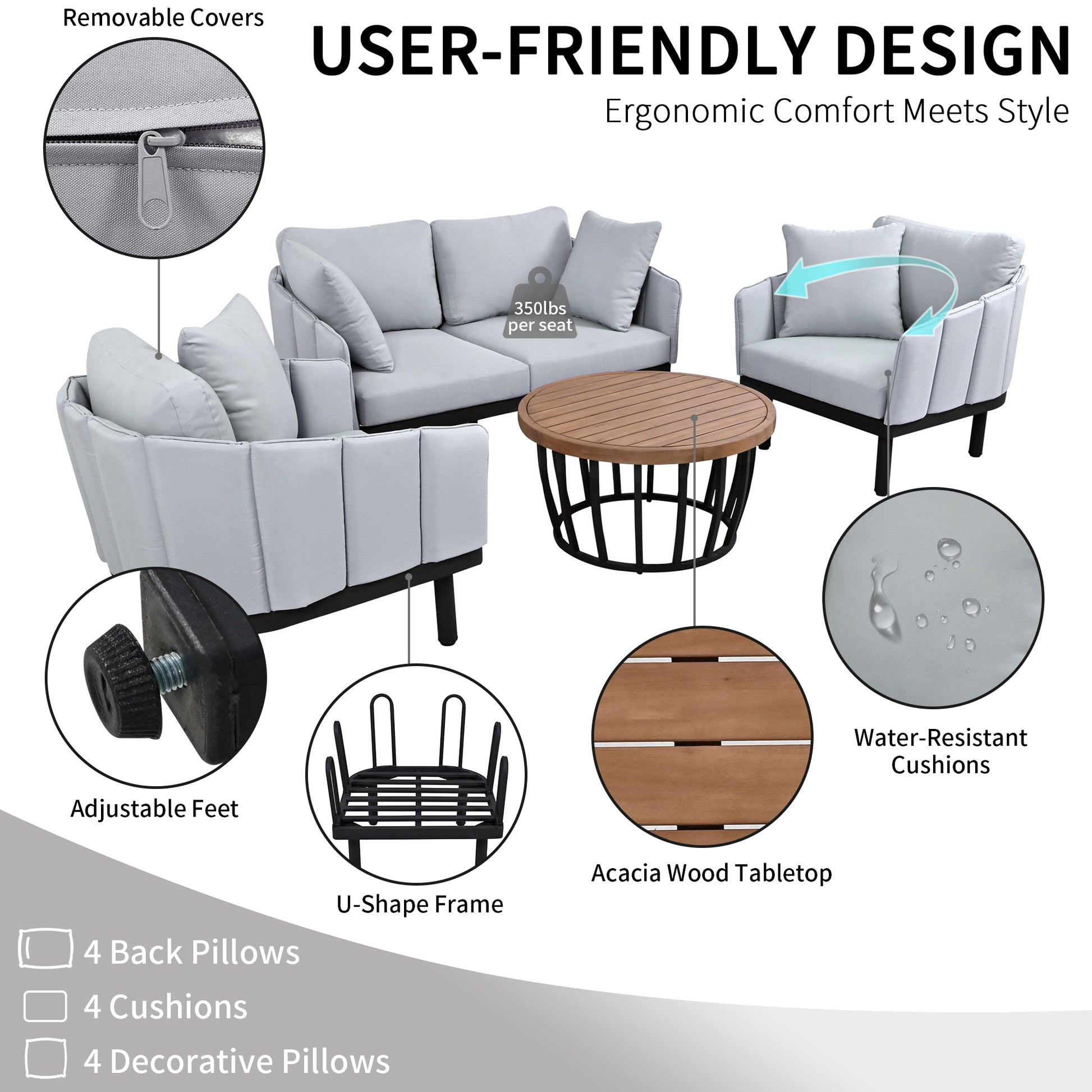 Luxury Modern 4 Piece Outdoor Iron Frame Conversation Set, Patio Chat Set With Acacia Wood Round Coffee Table For Backyard, Deck, Poolside, Indoor Use, Loveseat Arm Chairs, Gray Yes Sectional Gray Weather Resistant Frame Water Resistant Cushion Garden &