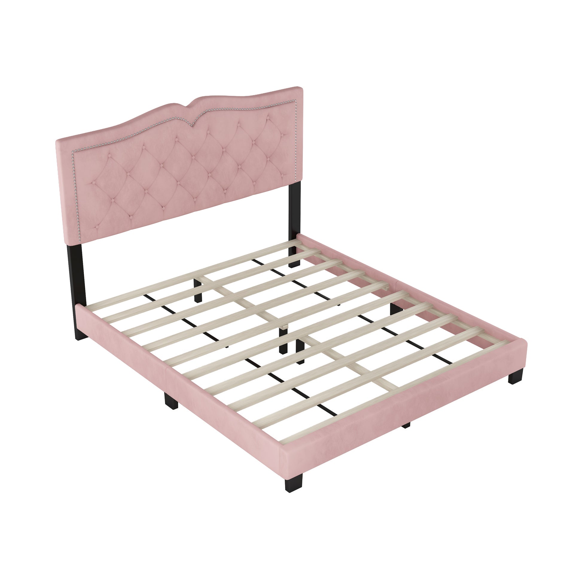 Queen Size Upholstered Bed Frame With Rivet Design, Modern Velvet Platform Bed With Tufted Headboard,Pink Pink Velvet