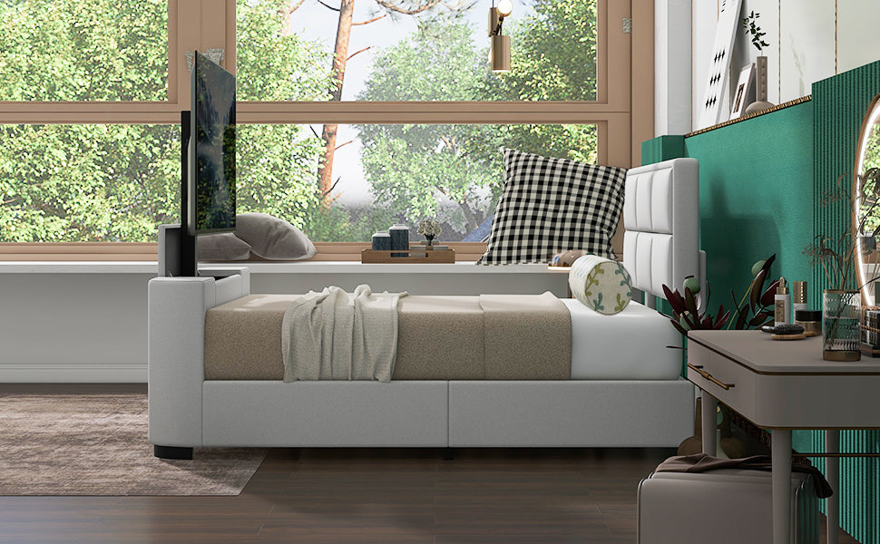 Queen Size Upholstery Tv Platform Bed Frame With Height Adjustable Headboard And Support Legs,Beige Queen Beige Upholstered