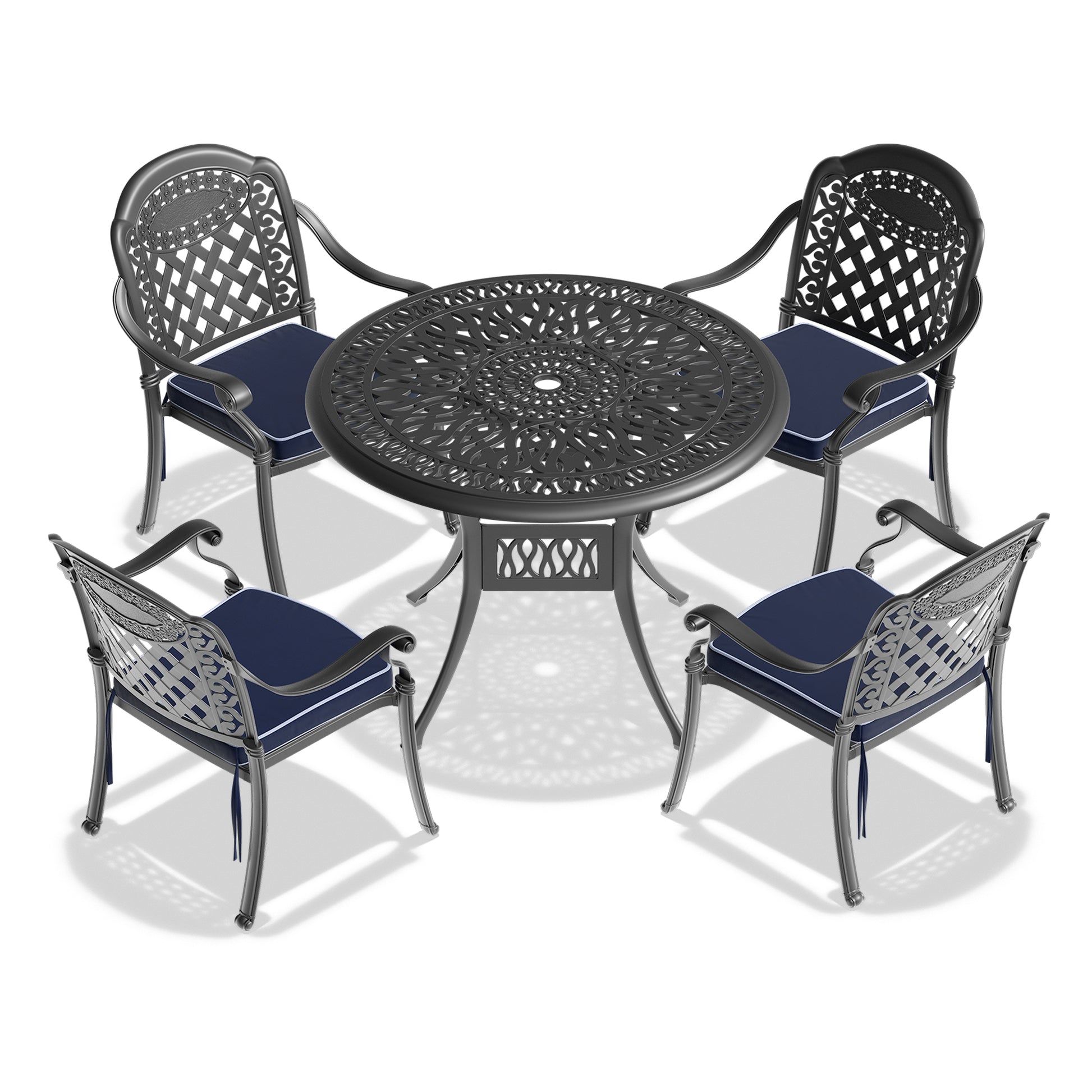 Cushions In Random Colors 5 Piece Set Of Cast Aluminum Patio Furniture With Cushions Yes Dining Set Black Seats 4 Rust Resistant Frame Water Resistant Cushion Garden & Outdoor Complete Patio Sets Aluminium
