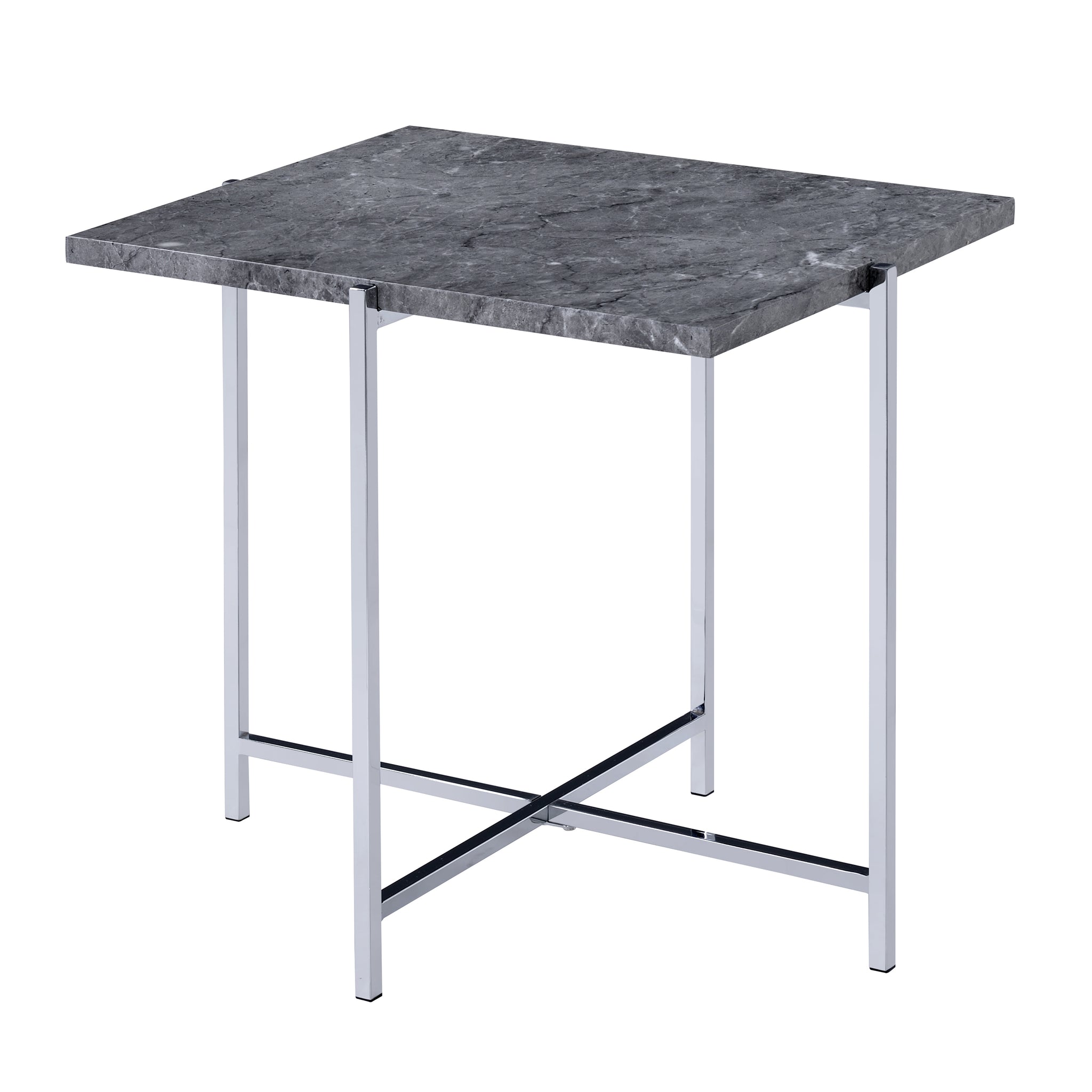 Contemporary Marble Top End Table With Trestle Basegray And Silver Gray Silver Marble Metal