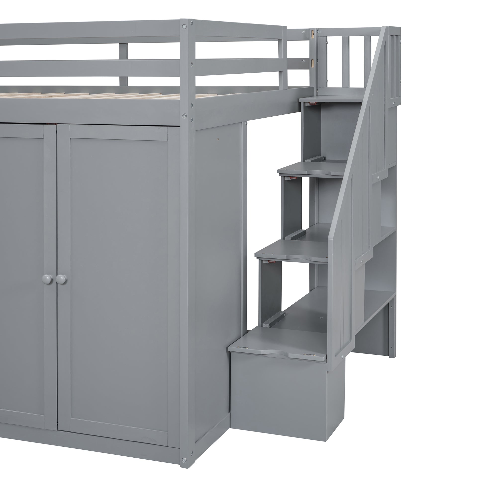 Full Size Wood Loft Bed With Built In Wardrobes, Cabinets And Drawers, Gray Gray Solid Wood Mdf
