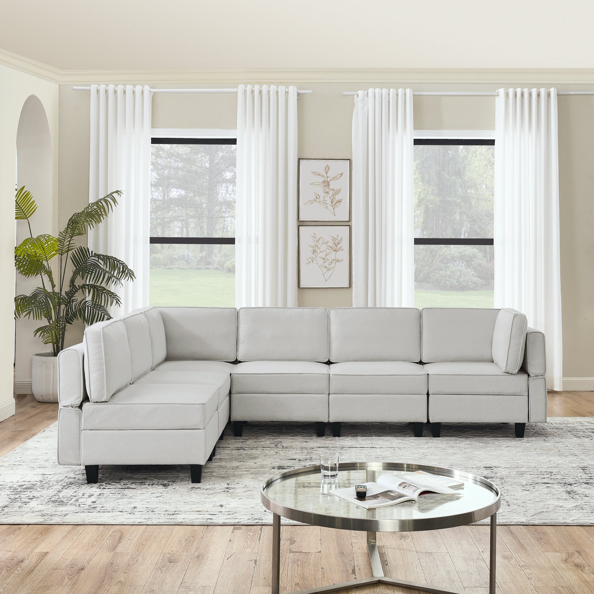 110.2"*78.7" Linen Modular Sectional Sofa,U Shaped Couch With Adjustable Armrests And Backrests,6 Seat Reversible Sofa Bed With Storage Seats For Living Room, Apartment,Grey White Color Gray White Matte Linen Wood Primary Living Space Medium Soft Cushion