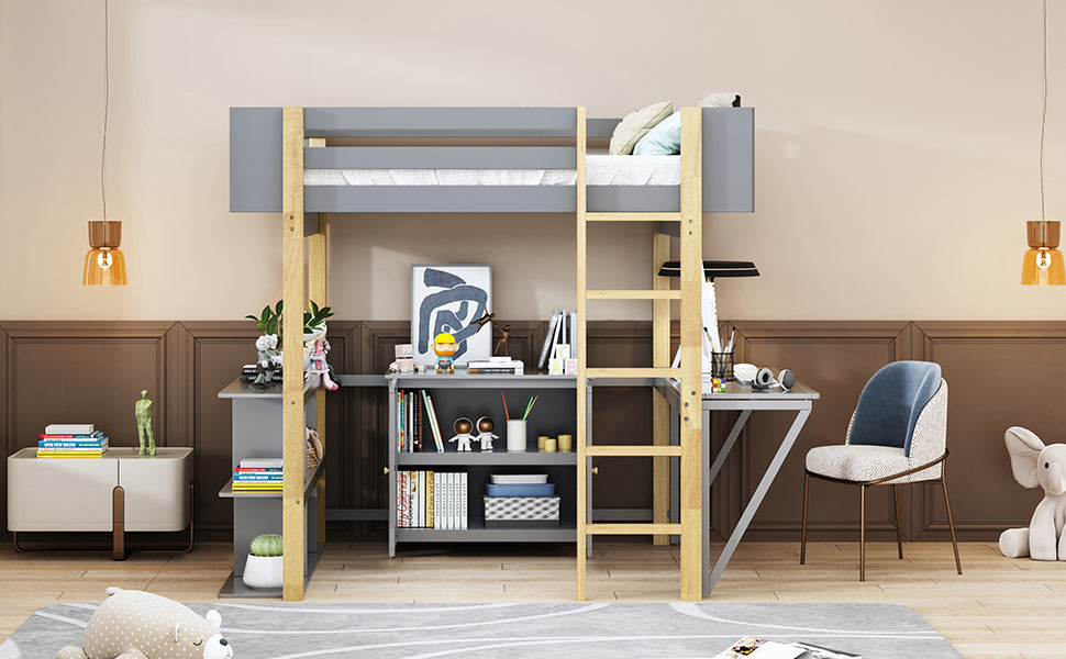 Full Size Wood Loft Bed With Built In Storage Cabinet And Cubes, Foldable Desk, Gray Gray Solid Wood Mdf
