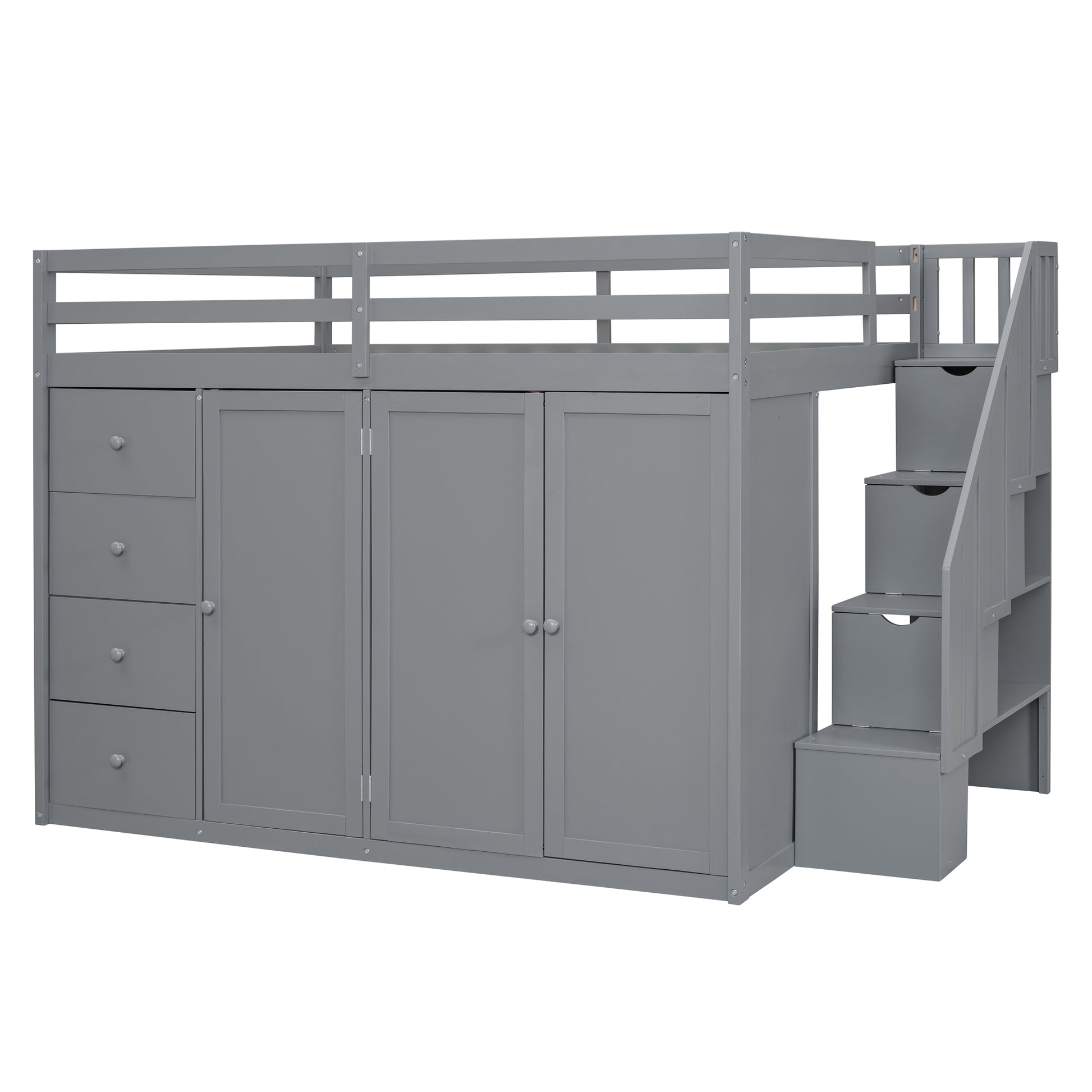 Full Size Wood Loft Bed With Built In Wardrobes, Cabinets And Drawers, Gray Gray Solid Wood Mdf
