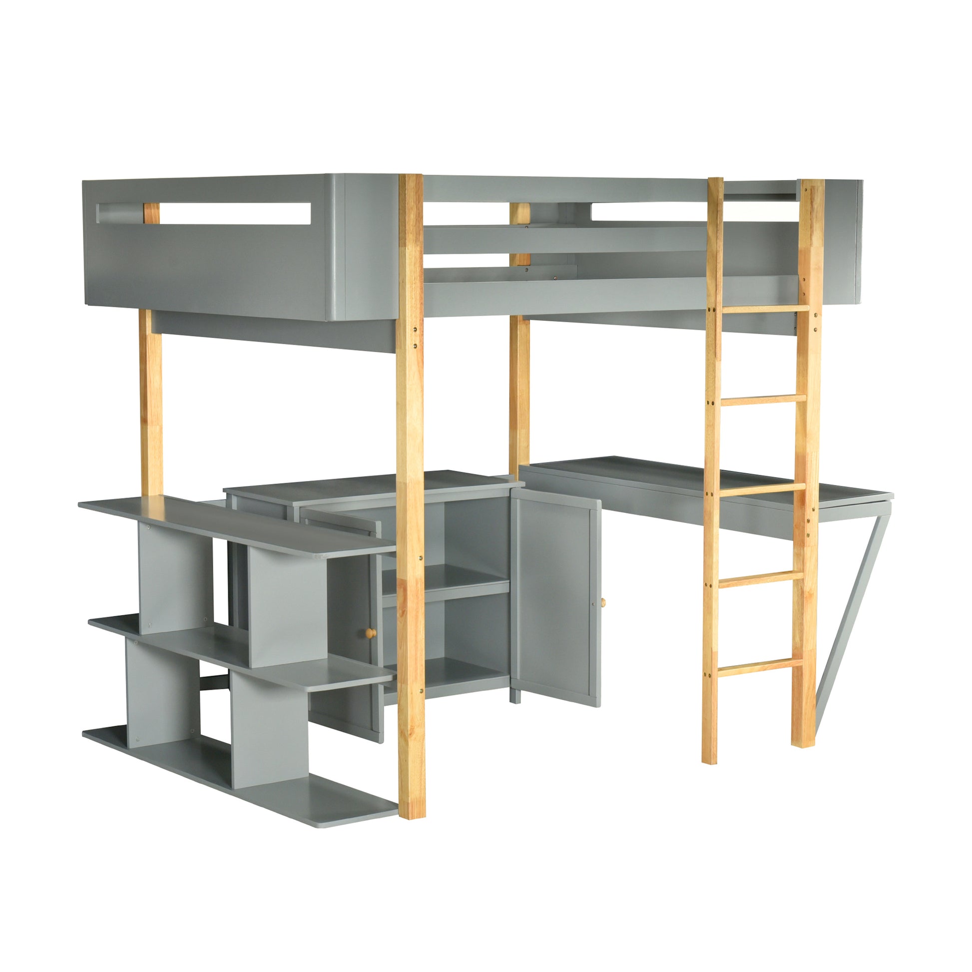 Full Size Wood Loft Bed With Built In Storage Cabinet And Cubes, Foldable Desk, Gray Gray Solid Wood Mdf