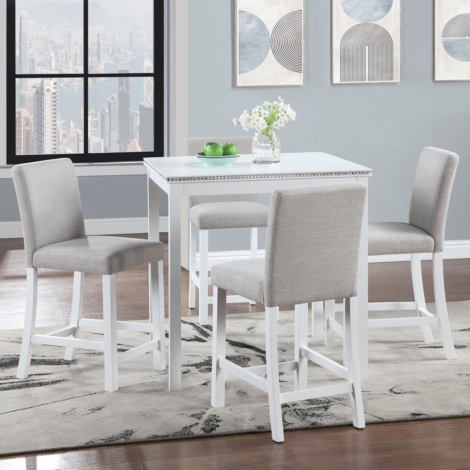 5 Piece Counter Height Table Set, Wooden Kitchen Table Set With Square Table And 4 Upholstered Chairs, Counter Height Dining Table With Crystal Decoration And Chair Set For Kitchen, Dining Room,White Beige White Seats 4 Dining Room 4 Leg Square Dining