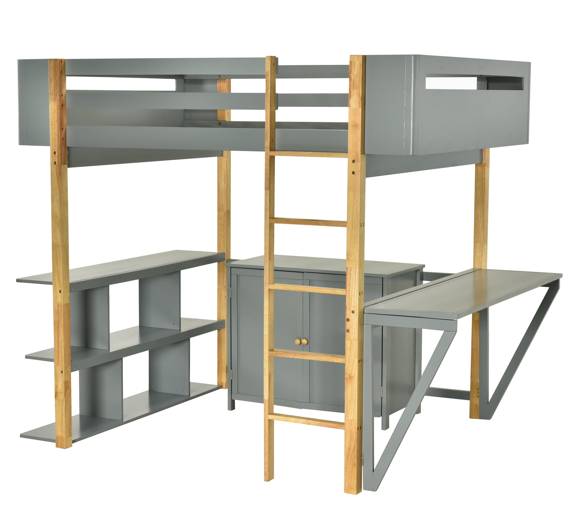 Full Size Wood Loft Bed With Built In Storage Cabinet And Cubes, Foldable Desk, Gray Gray Solid Wood Mdf