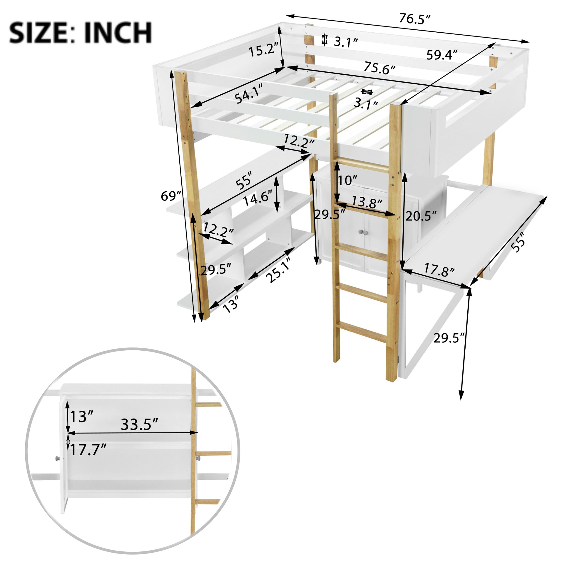 Full Size Wood Loft Bed With Built In Storage Cabinet And Cubes, Foldable Desk, White White Solid Wood Mdf