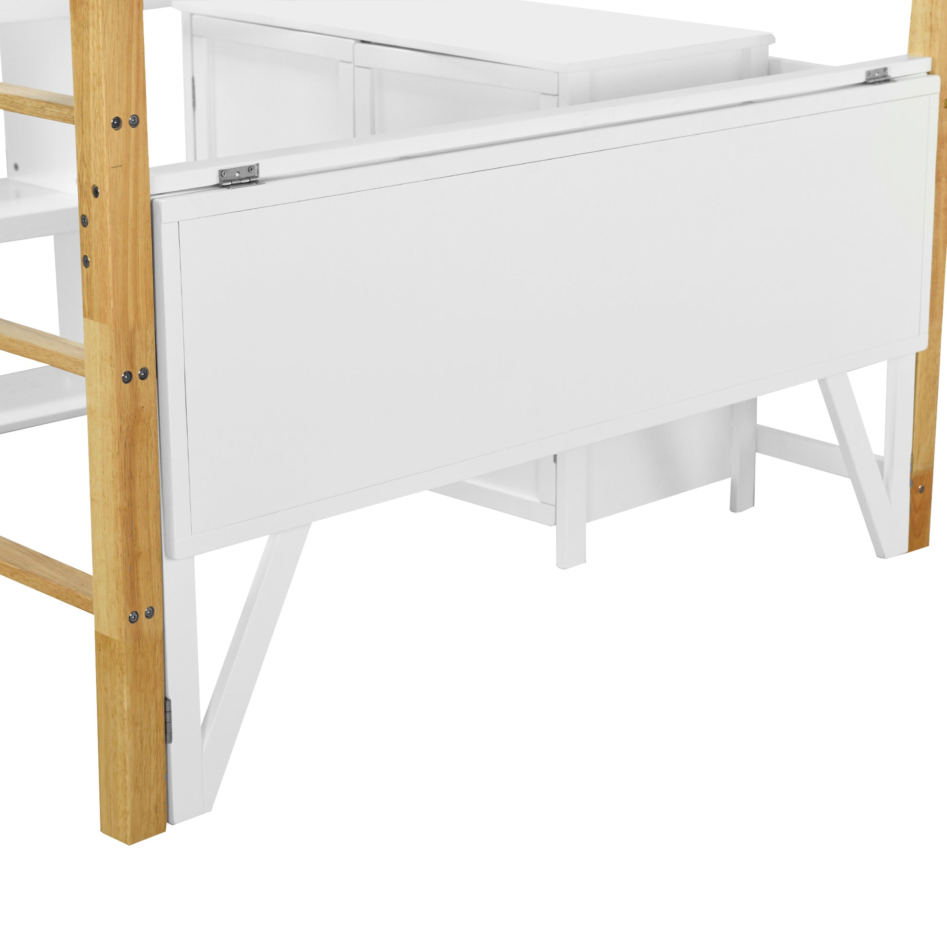 Full Size Wood Loft Bed With Built In Storage Cabinet And Cubes, Foldable Desk, White White Solid Wood Mdf