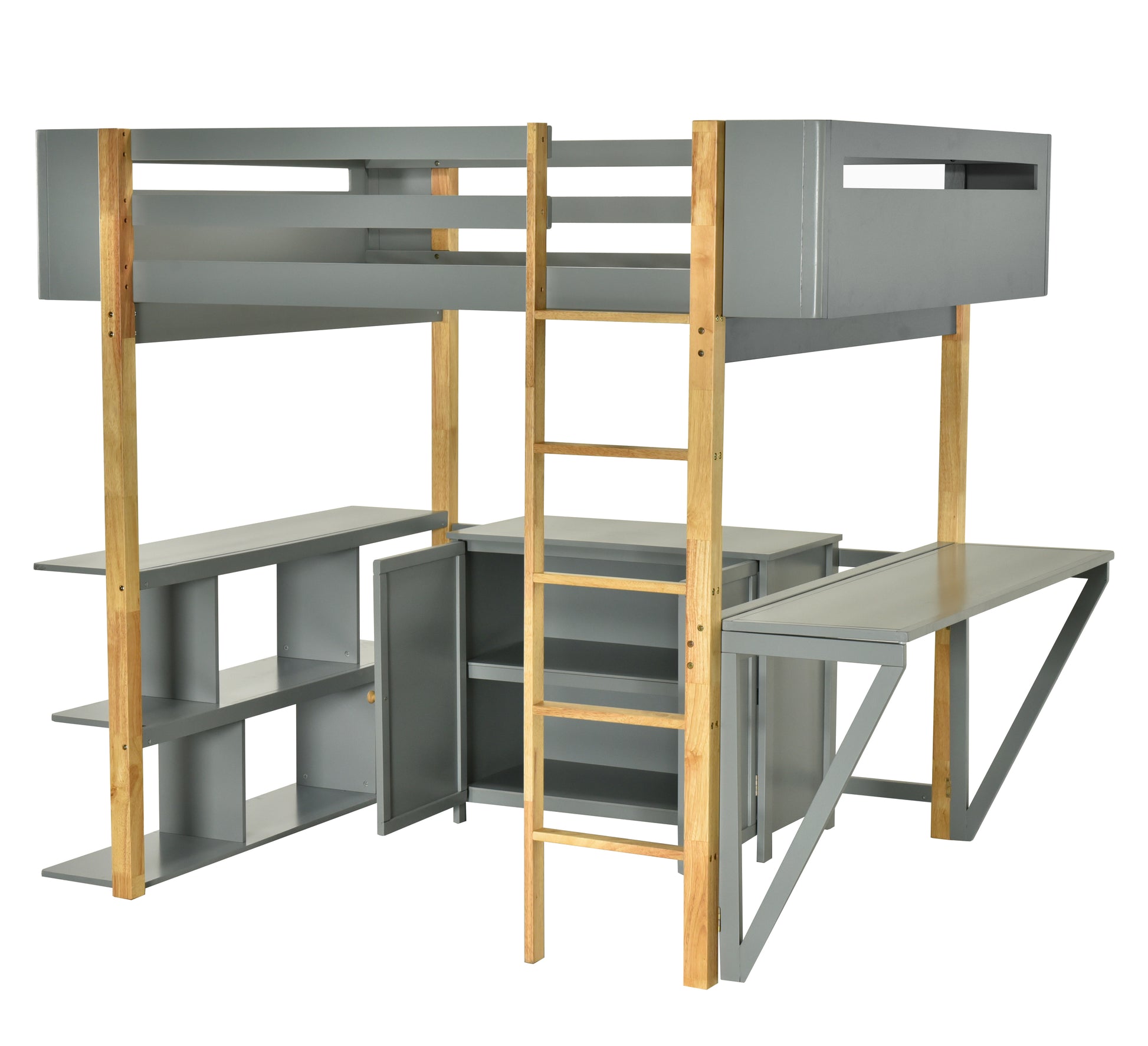 Full Size Wood Loft Bed With Built In Storage Cabinet And Cubes, Foldable Desk, Gray Gray Solid Wood Mdf