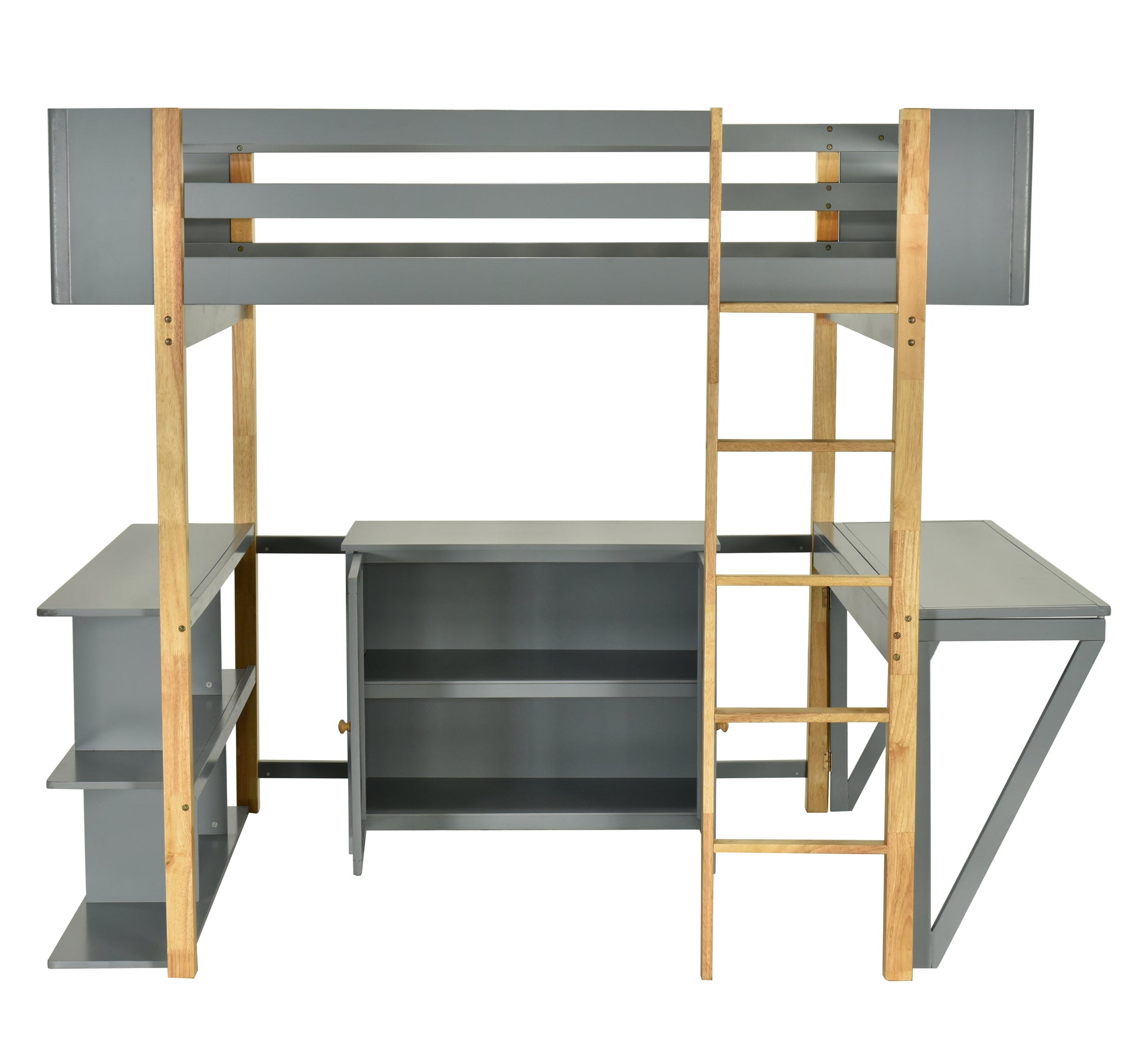 Full Size Wood Loft Bed With Built In Storage Cabinet And Cubes, Foldable Desk, Gray Gray Solid Wood Mdf