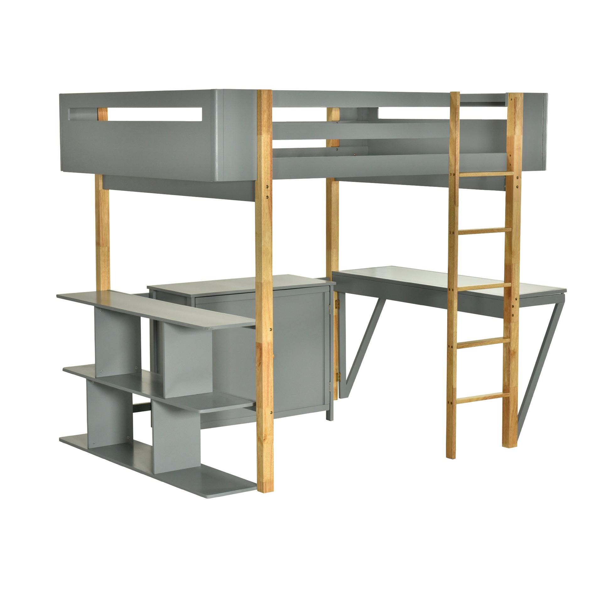 Full Size Wood Loft Bed With Built In Storage Cabinet And Cubes, Foldable Desk, Gray Gray Solid Wood Mdf