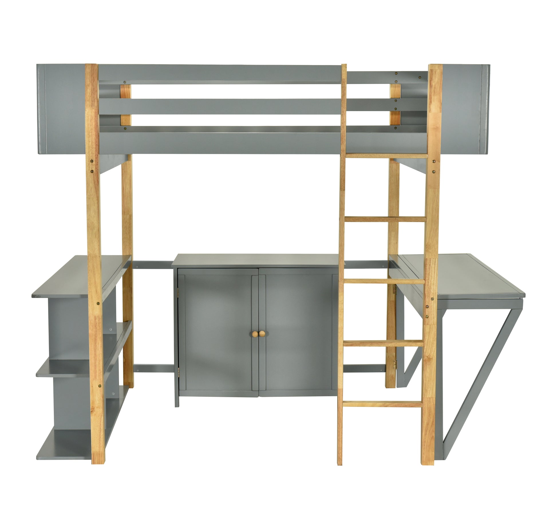 Full Size Wood Loft Bed With Built In Storage Cabinet And Cubes, Foldable Desk, Gray Gray Solid Wood Mdf