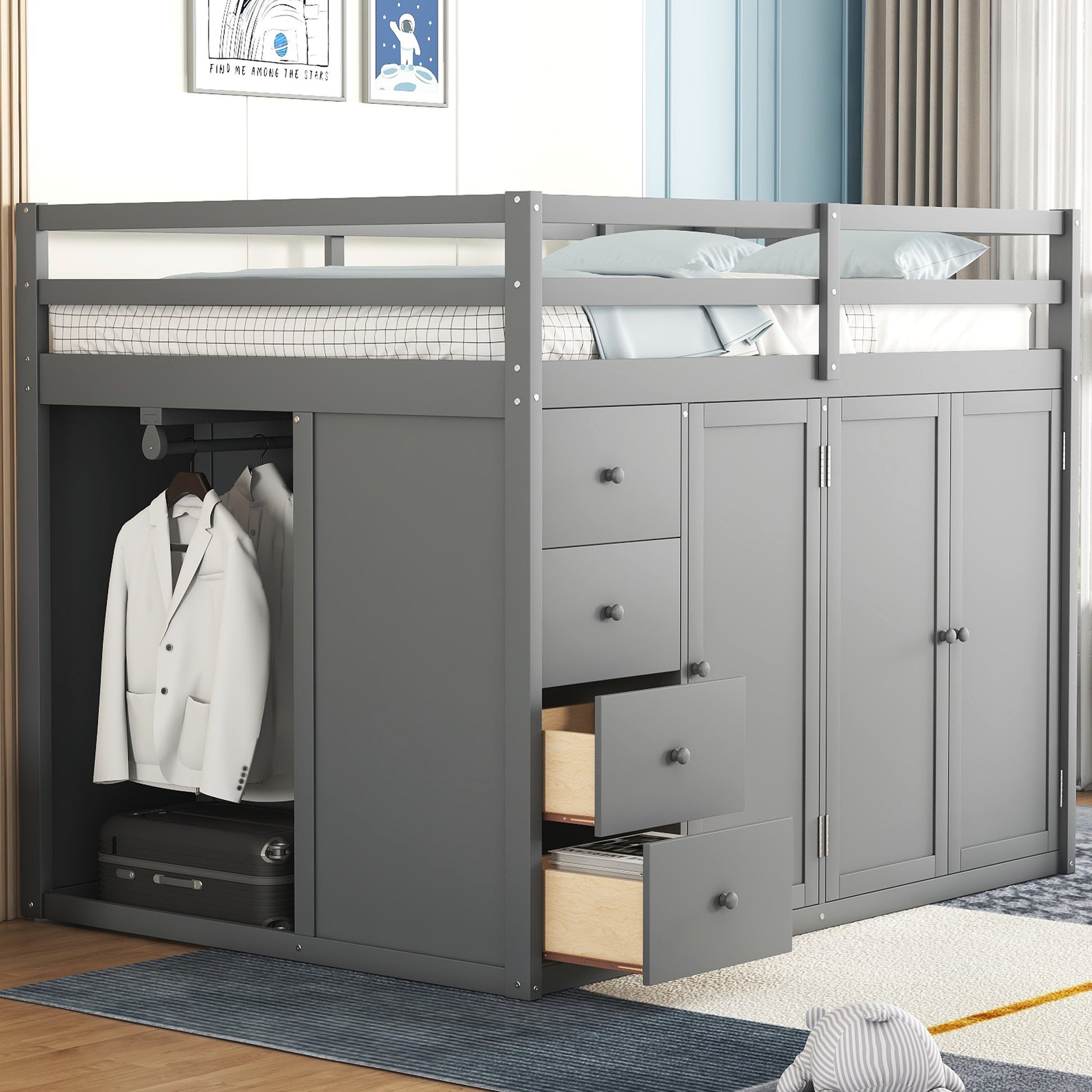 Full Size Wood Loft Bed With Built In Wardrobes, Cabinets And Drawers, Gray Gray Solid Wood Mdf